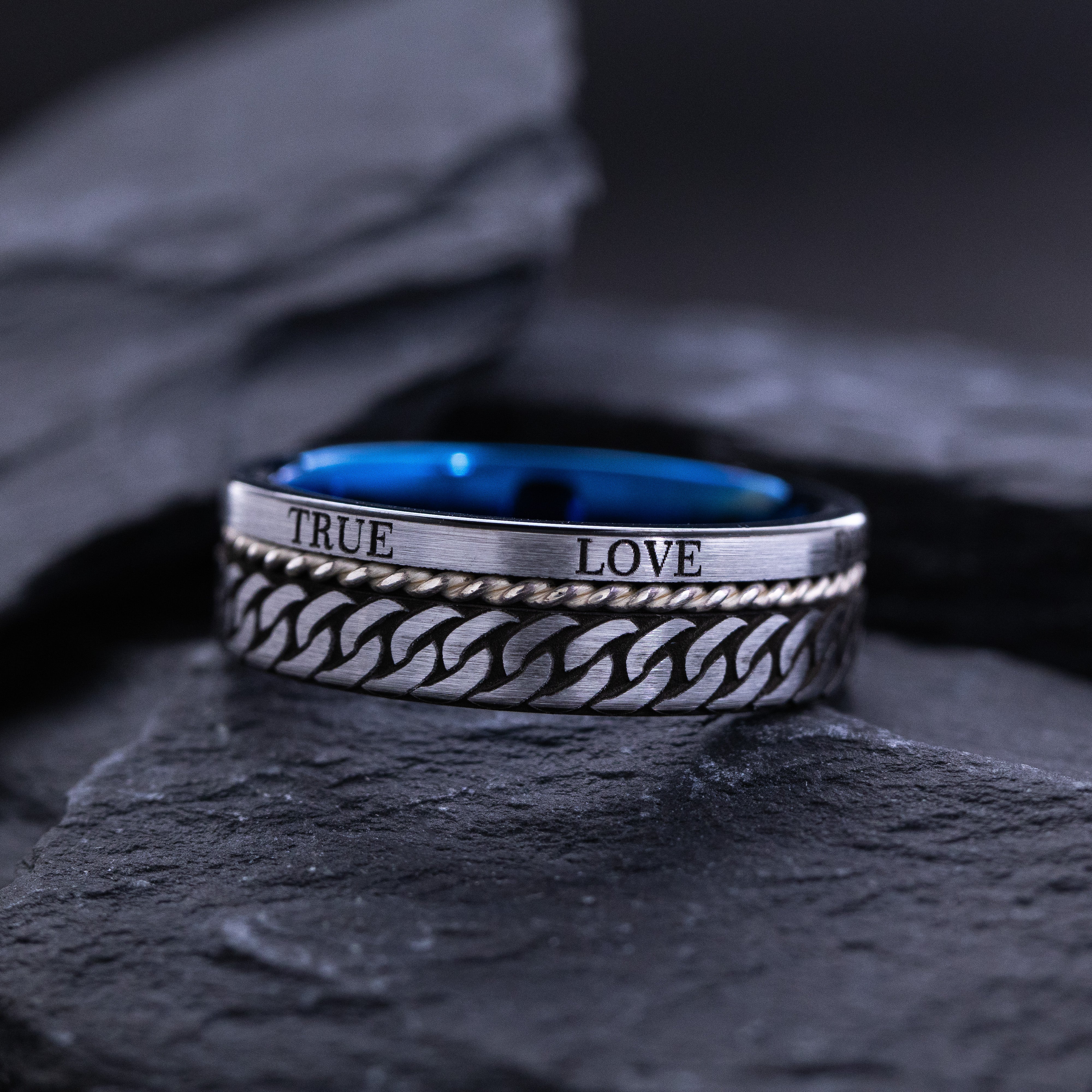 Blue and Silver Tungsten Carbide 8mm Ring with Celtic Style Knot and Romantic Text Engravings