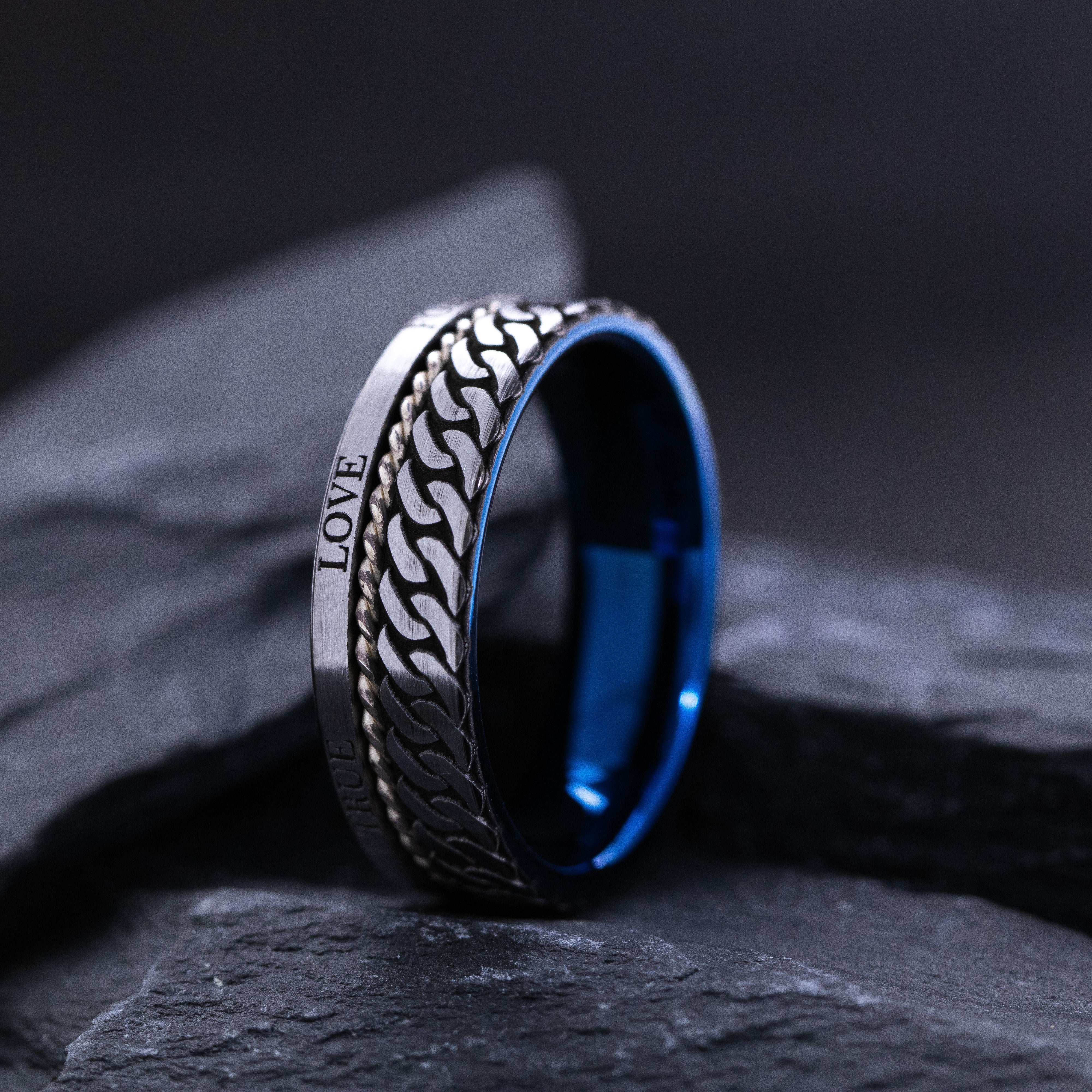 Blue and Silver Tungsten Carbide 8mm Ring with Celtic Style Knot and Romantic Text Engravings