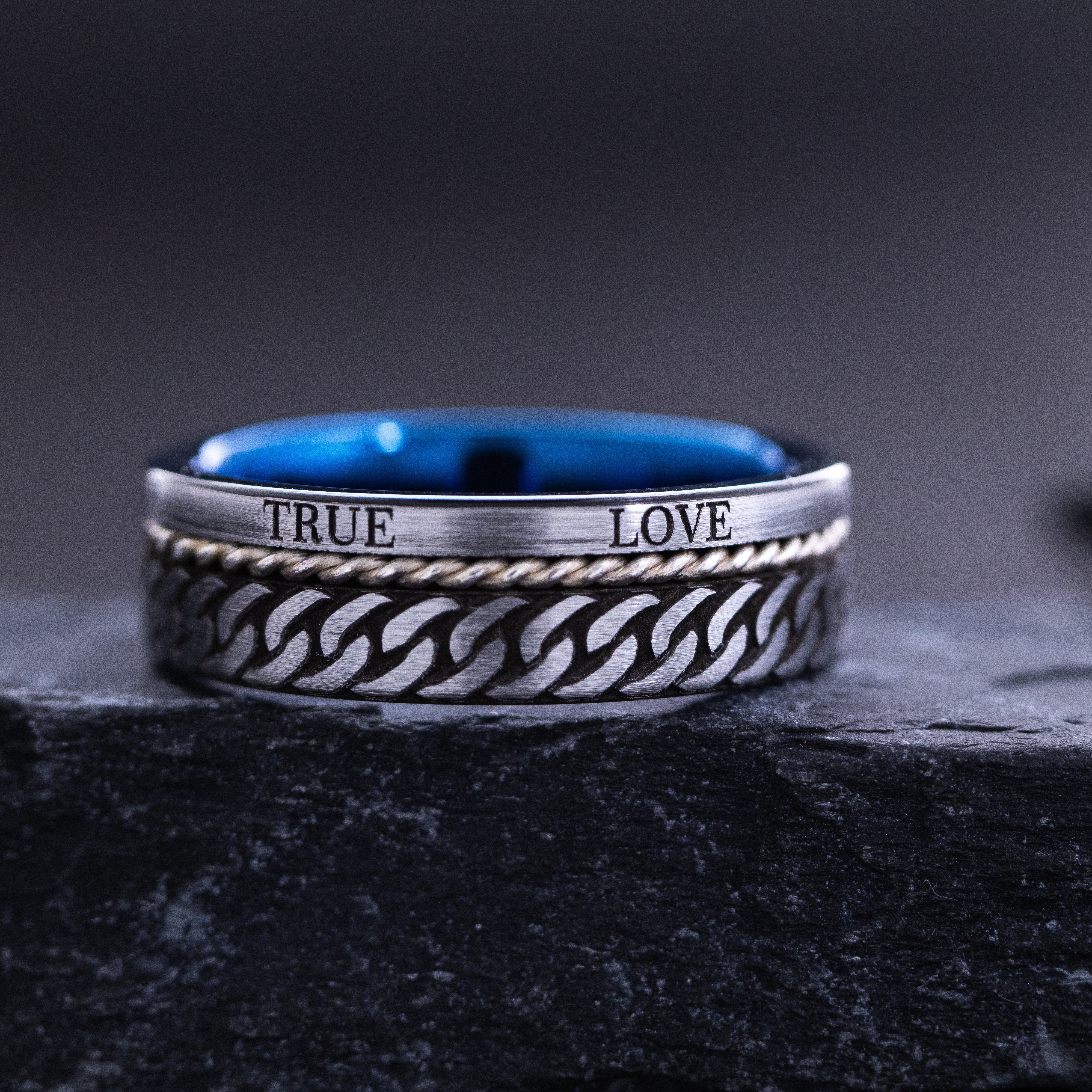 Blue and Silver Tungsten Carbide 8mm Ring with Celtic Style Knot and Romantic Text Engravings