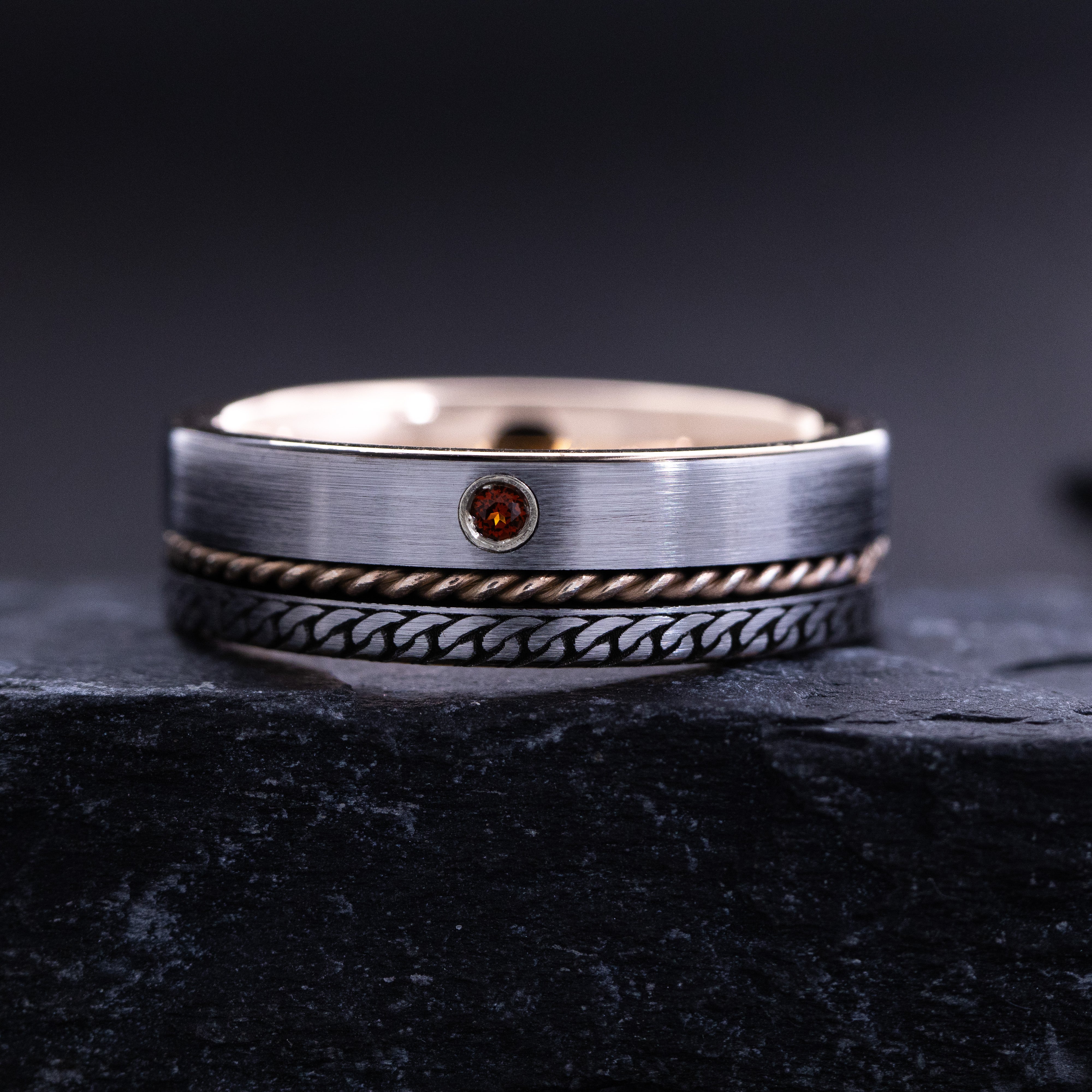8mm Tungsten Carbide Ring with Rose Gold Plating, Round Cut Gemstone and Celtic Knot Engravings