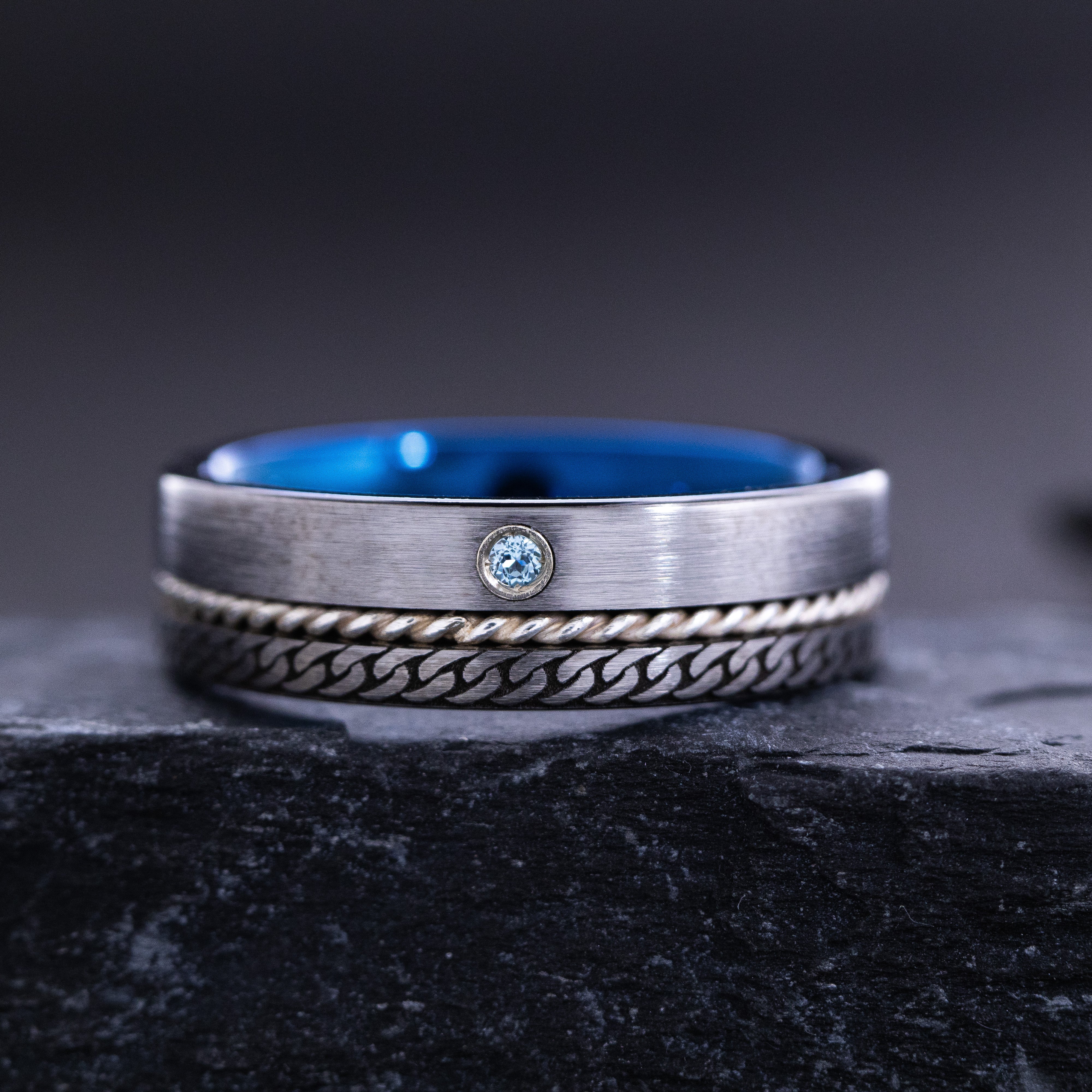 Blue 8mm Tungsten Carbide Ring With Round Cut Gemstone and Celtic Knot Engravings