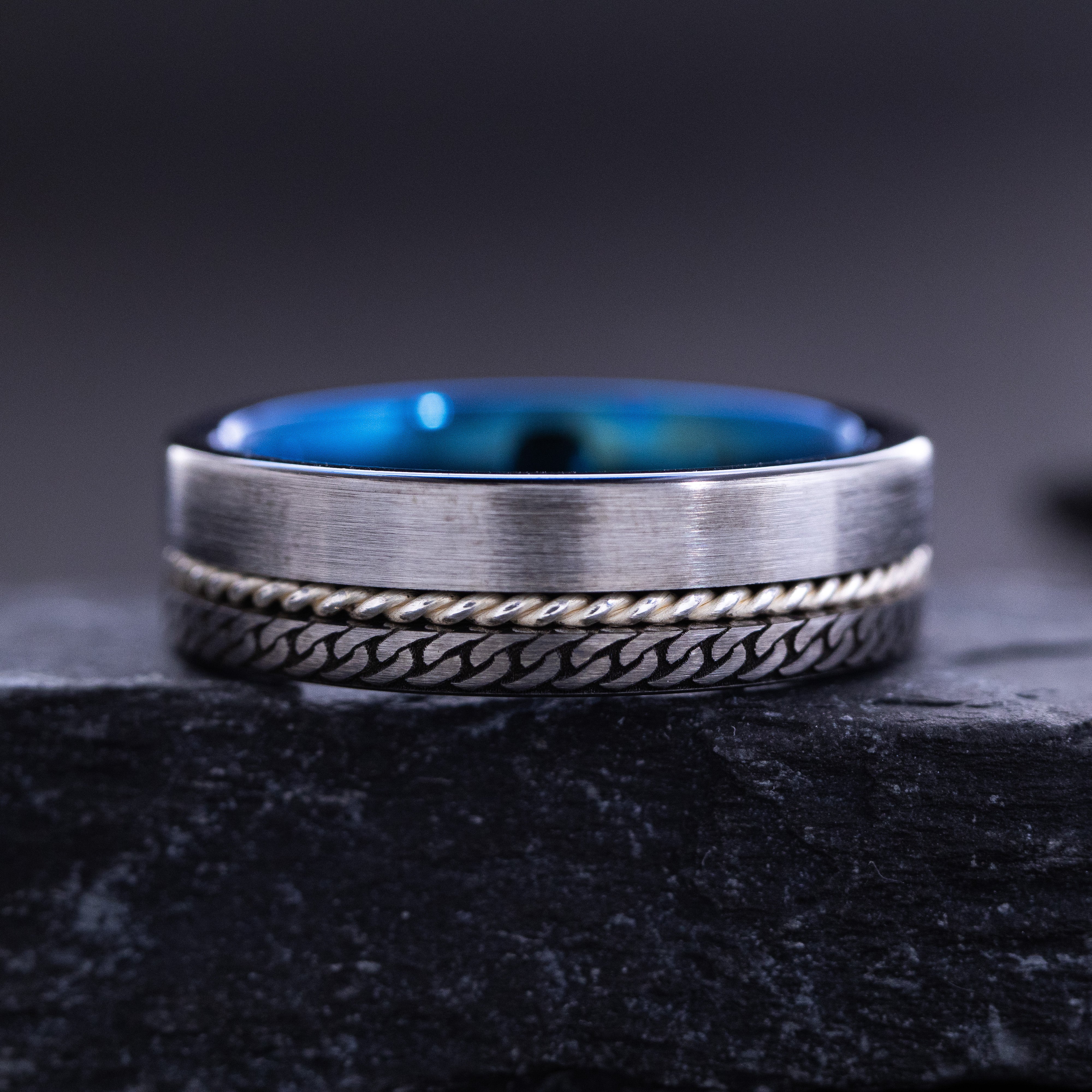 Blue 8mm Tungsten Carbide Ring With Round Cut Gemstone and Celtic Knot Engravings