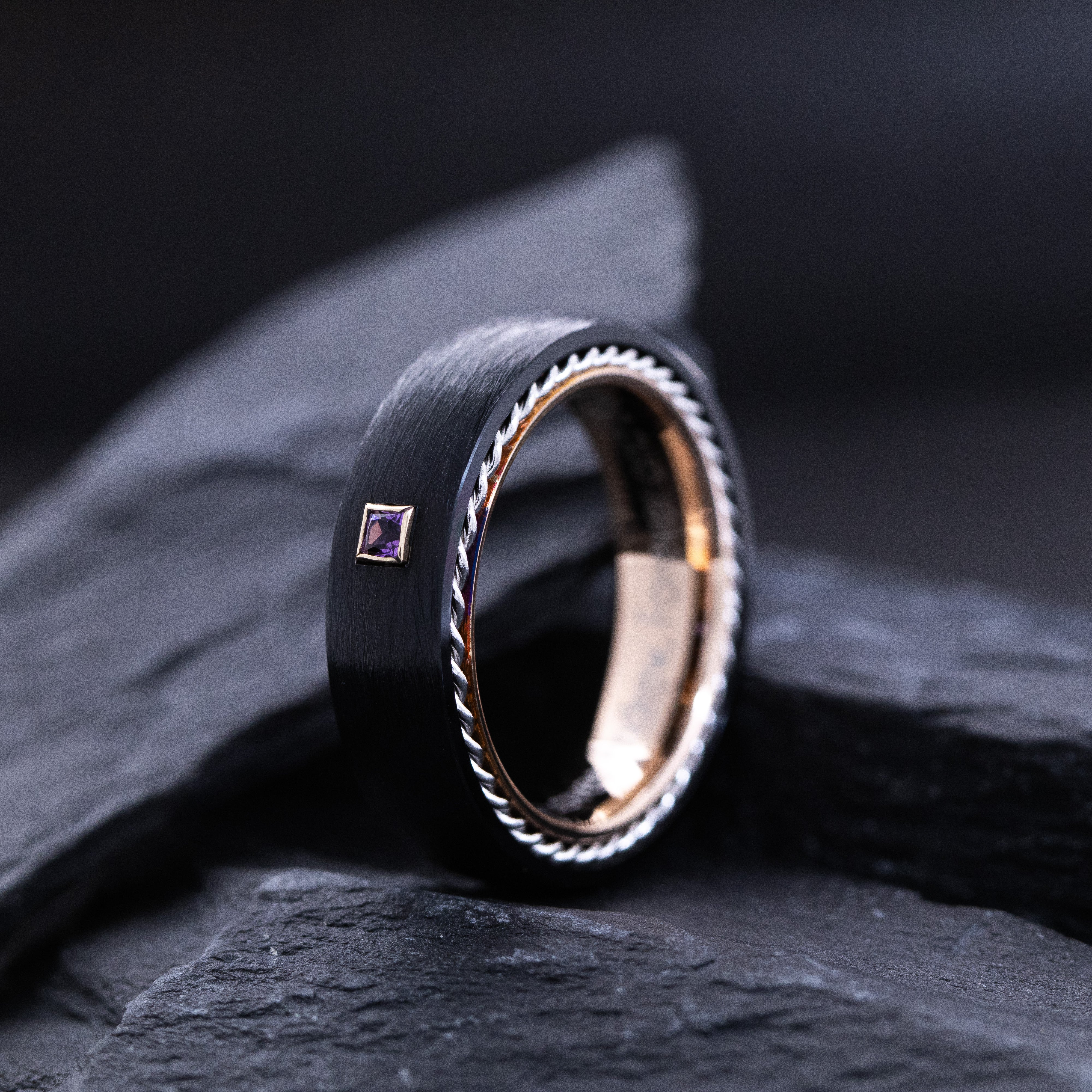 6mm Black and Rose Gold Tungsten Ring with Braided Rope and Gemstone