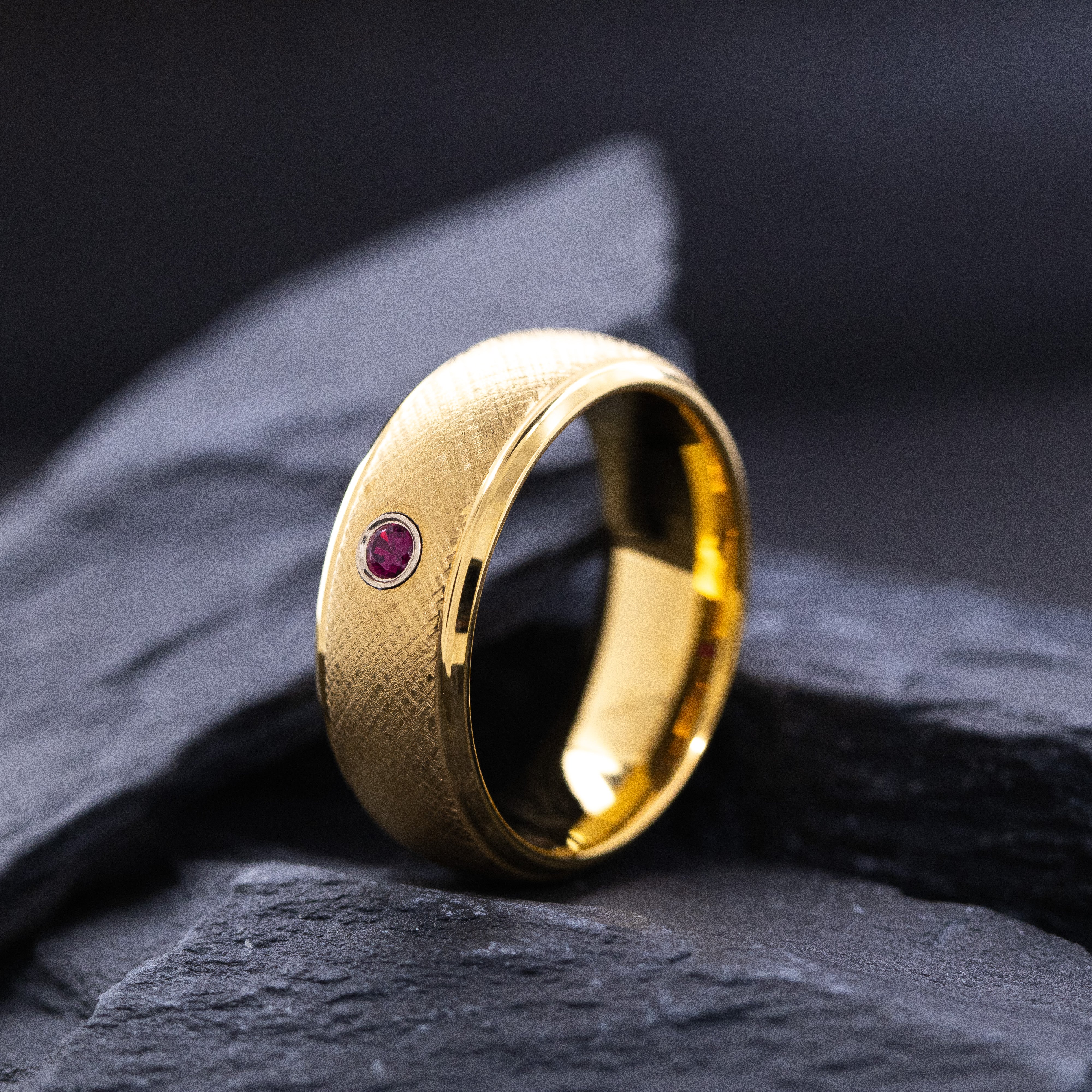 8mm Yellow Gold Dome Tungsten Carbide Ring with Round Cut Gemstone