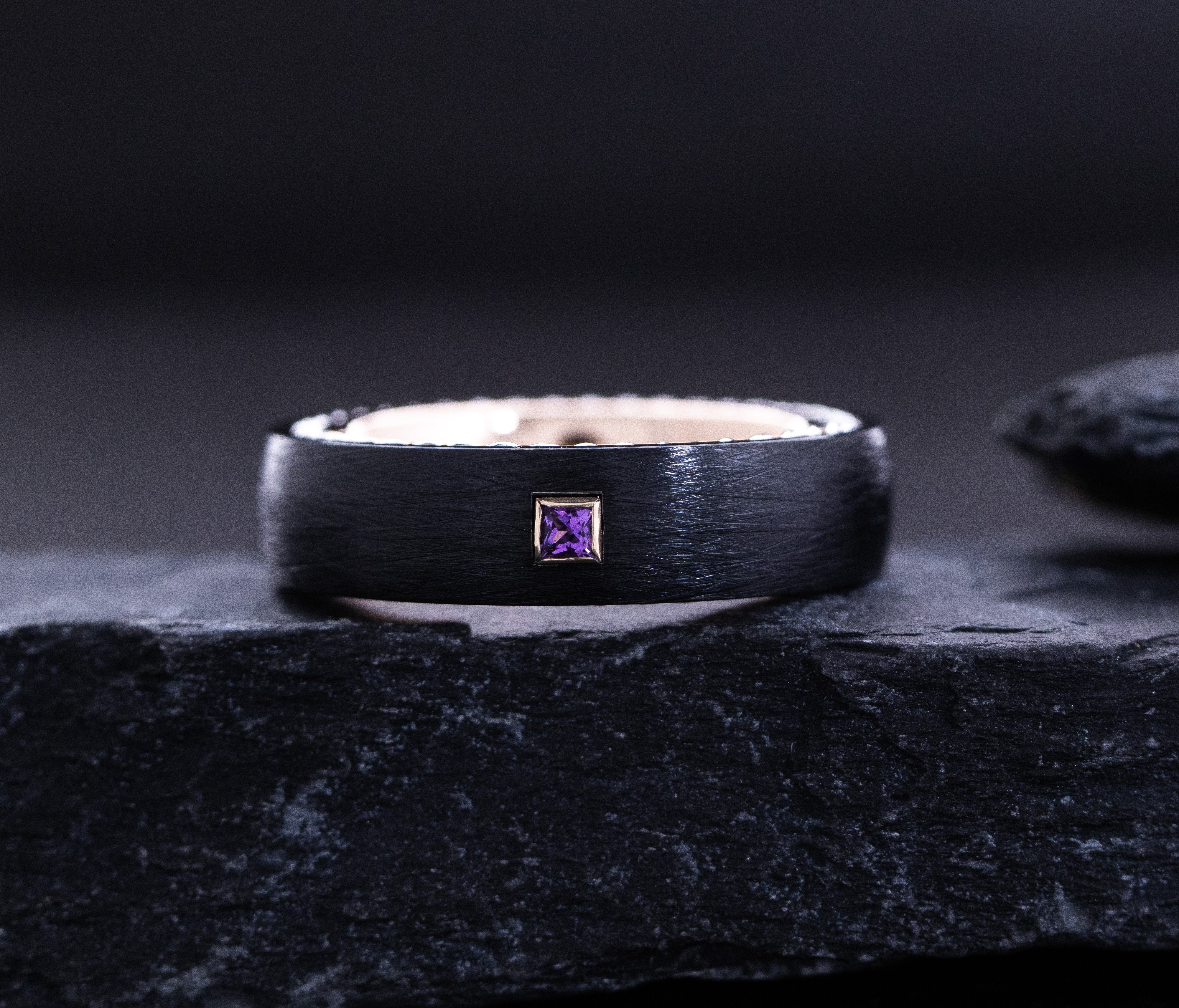 6mm Black and Rose Gold Tungsten Ring with Braided Rope and Gemstone