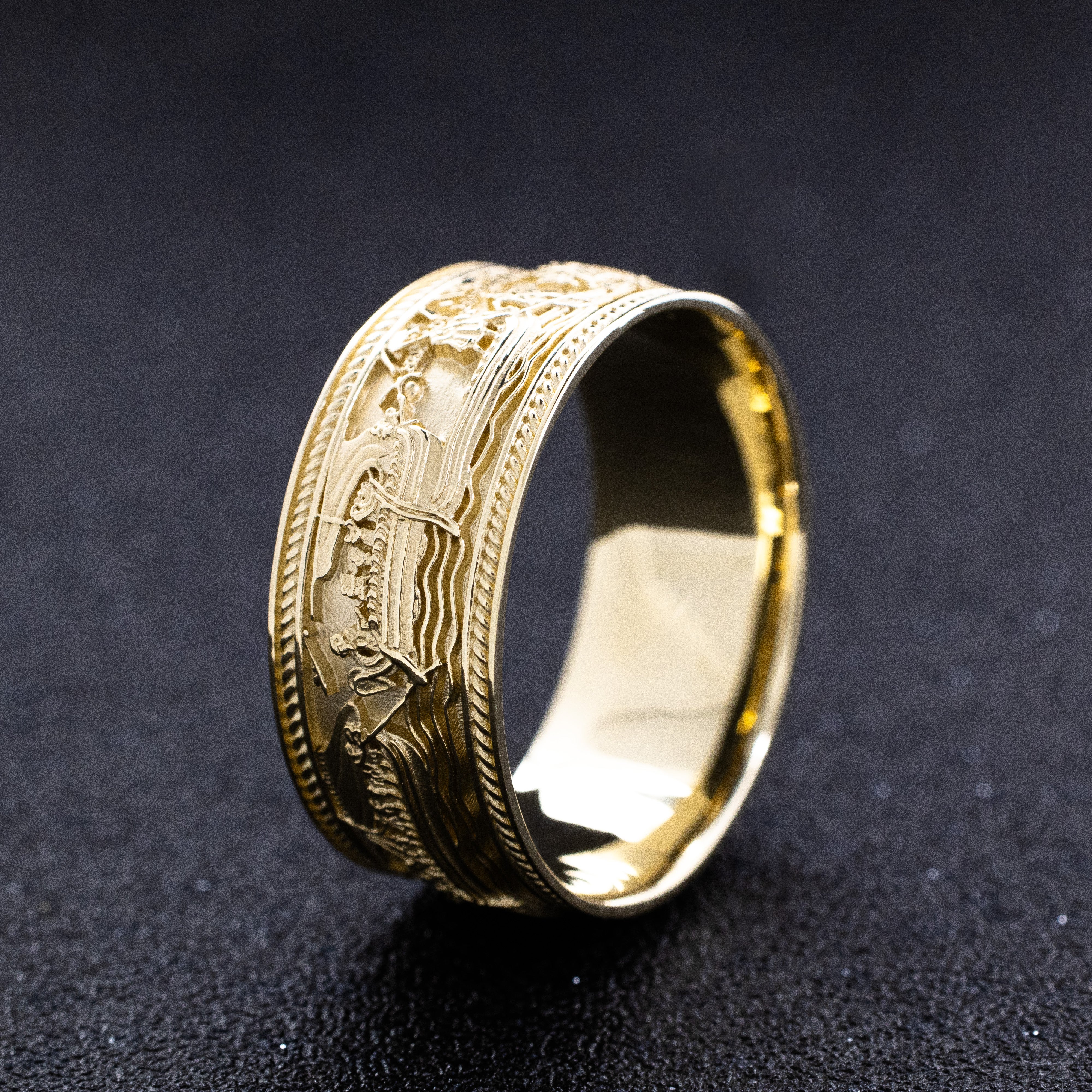 10mm Solid Yellow Gold Band with Bayeux Tapestry Relief