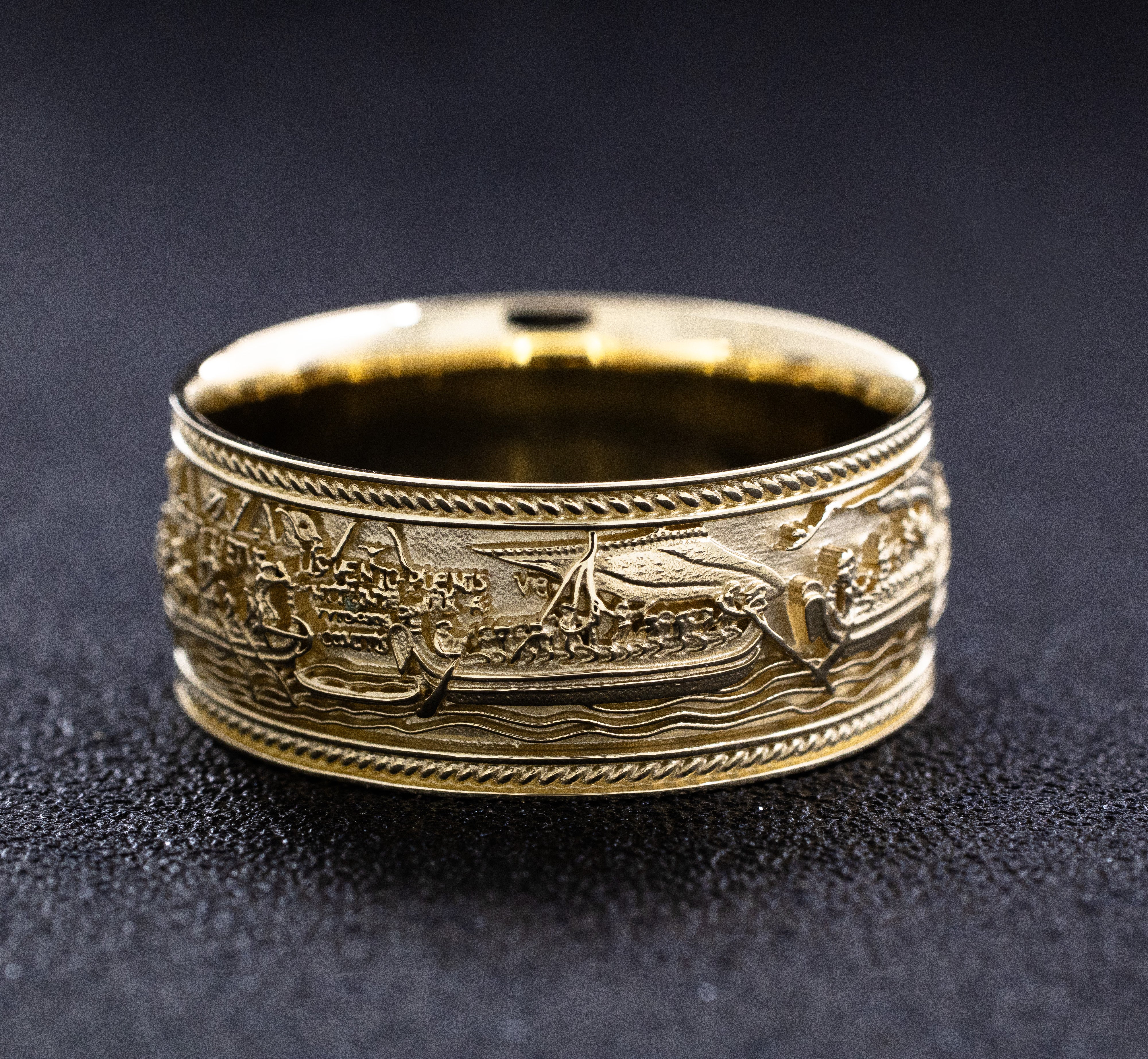 10mm Solid Yellow Gold Band with Bayeux Tapestry Relief
