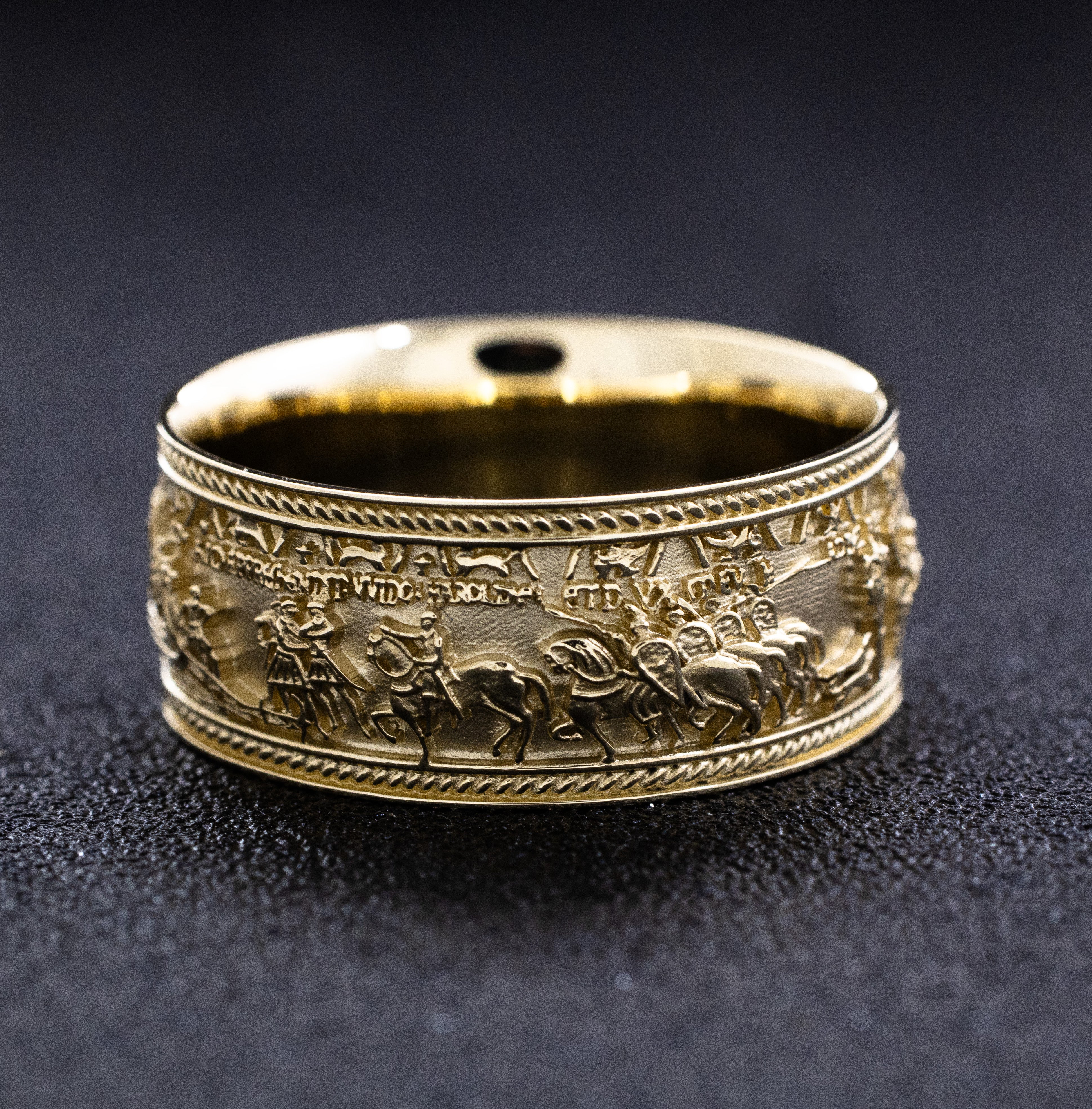 10mm Solid Yellow Gold Band with Bayeux Tapestry Relief