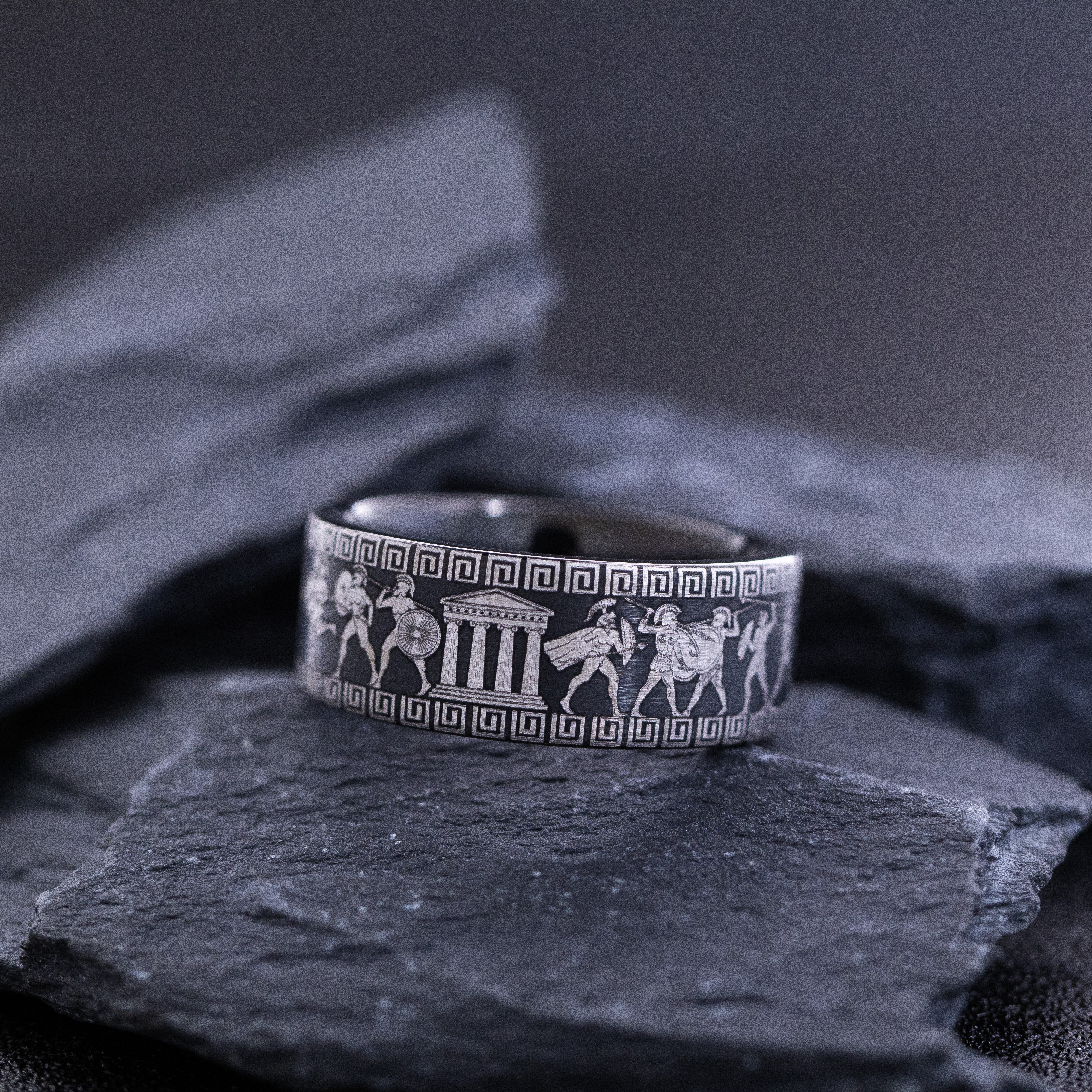 9mm Custom Made Black Tungsten Ring with Ancient Greek Warrior Engravings
