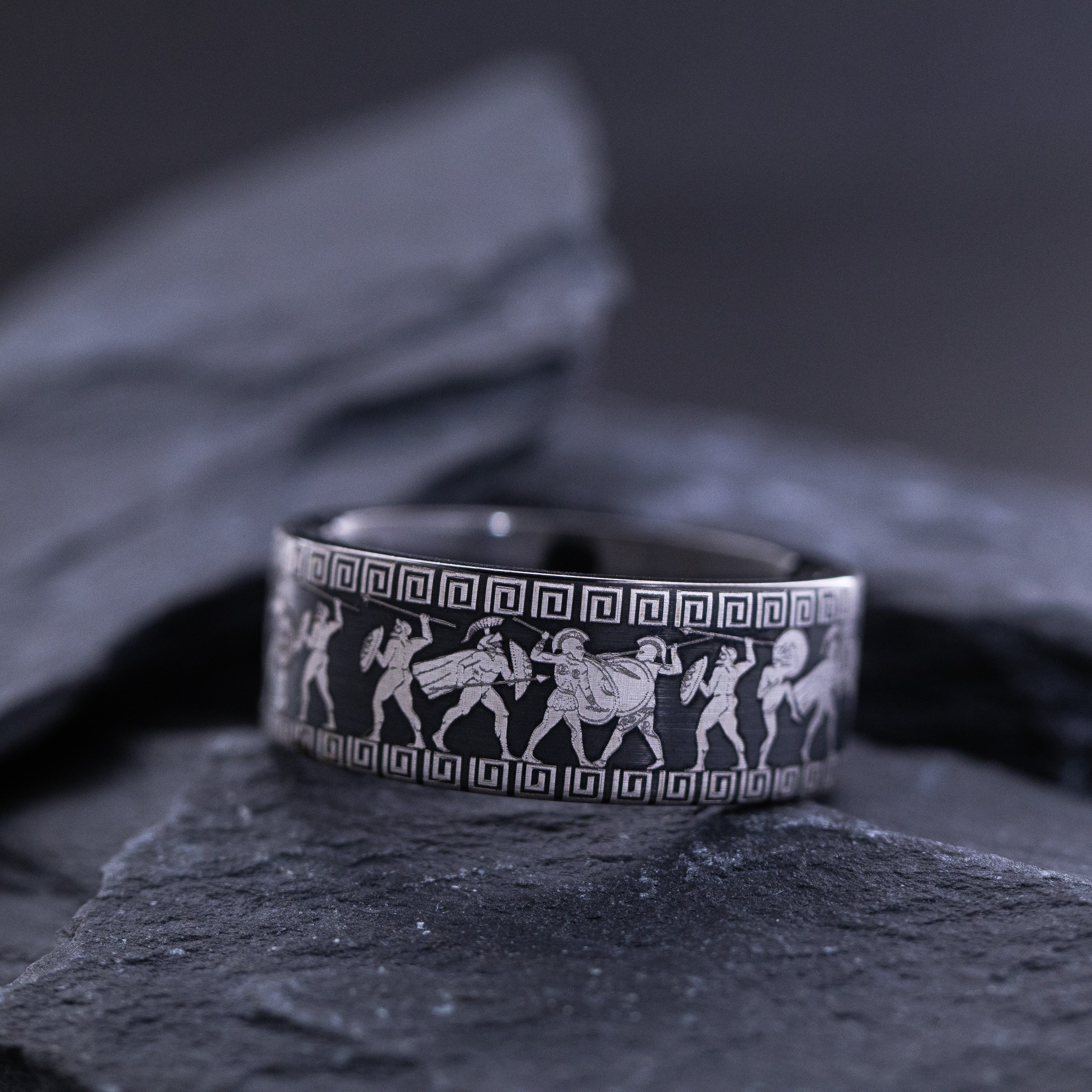 9mm Custom Made Black Tungsten Ring with Ancient Greek Warrior Engravings