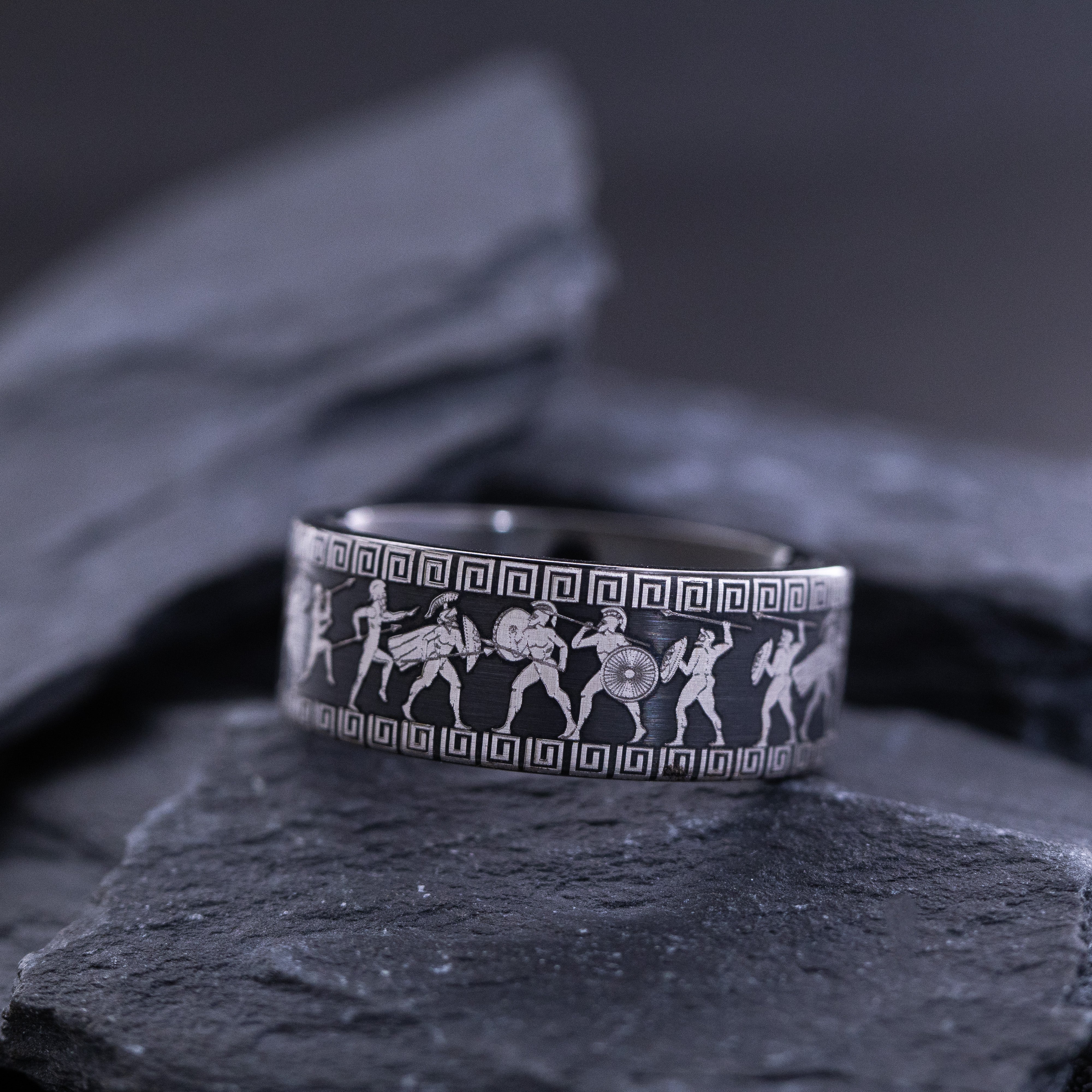 9mm Custom Made Black Tungsten Ring with Ancient Greek Warrior Engravings