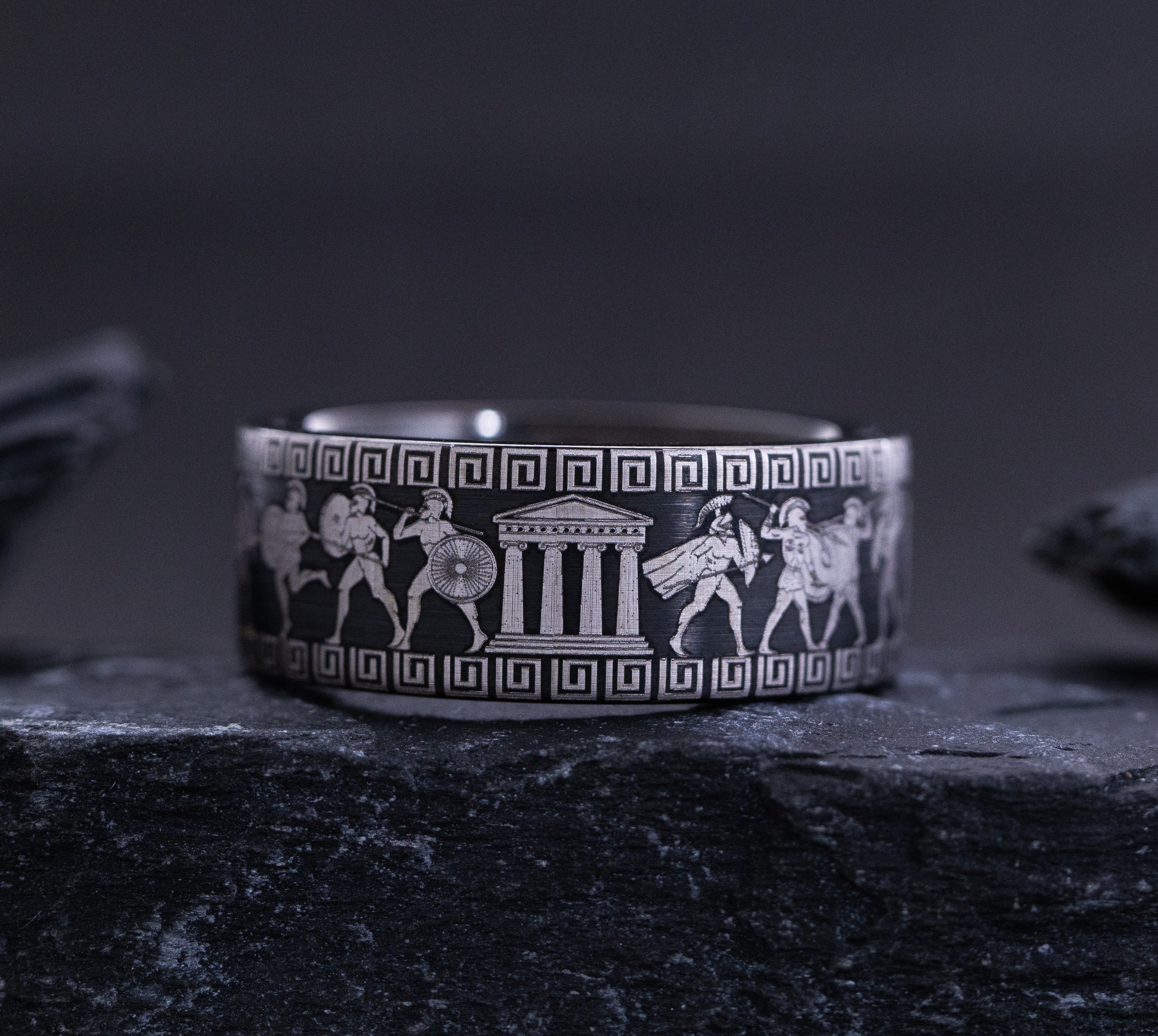 9mm Custom Made Black Tungsten Ring with Ancient Greek Warrior Engravings