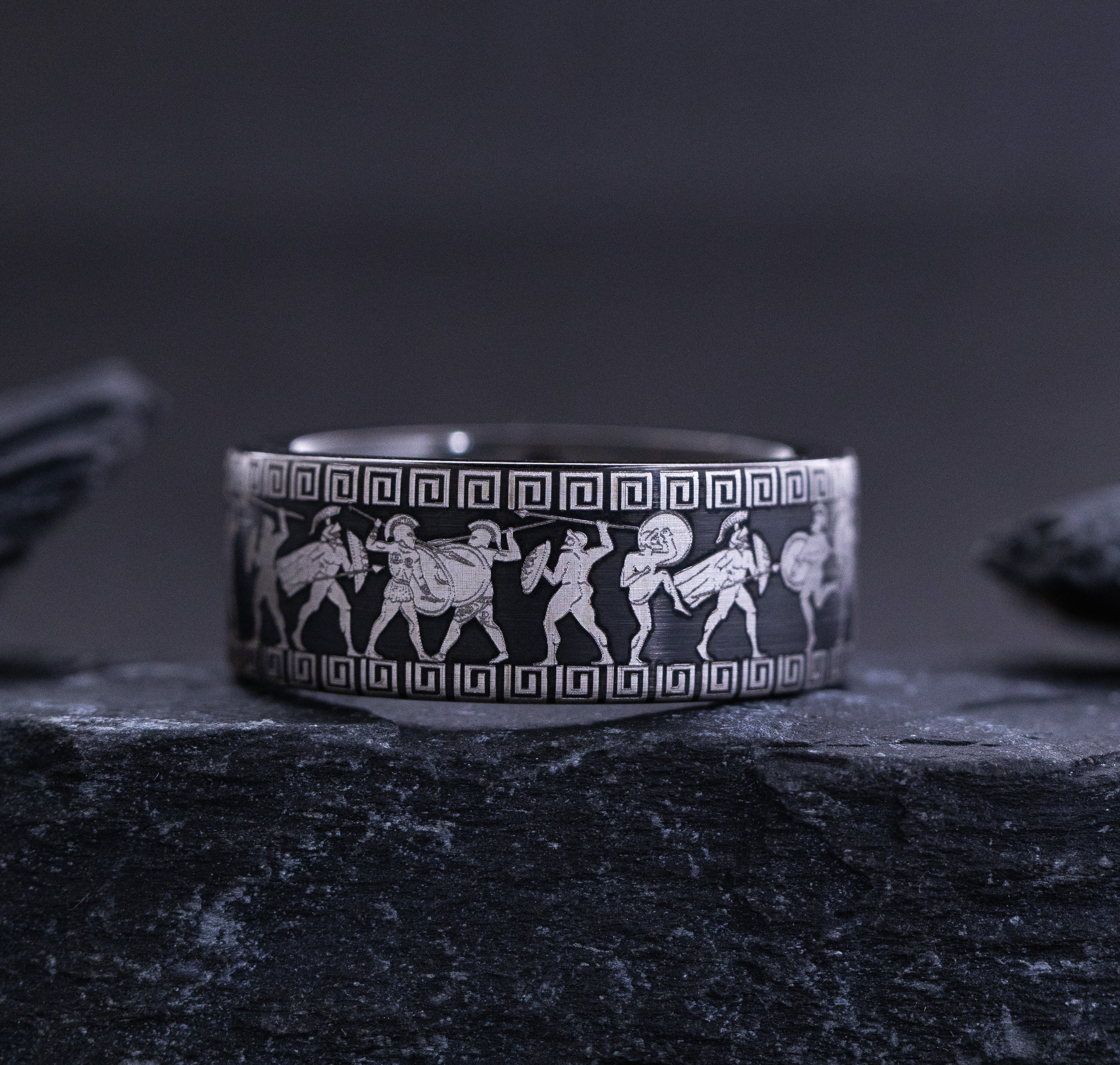 9mm Custom Made Black Tungsten Ring with Ancient Greek Warrior Engravings