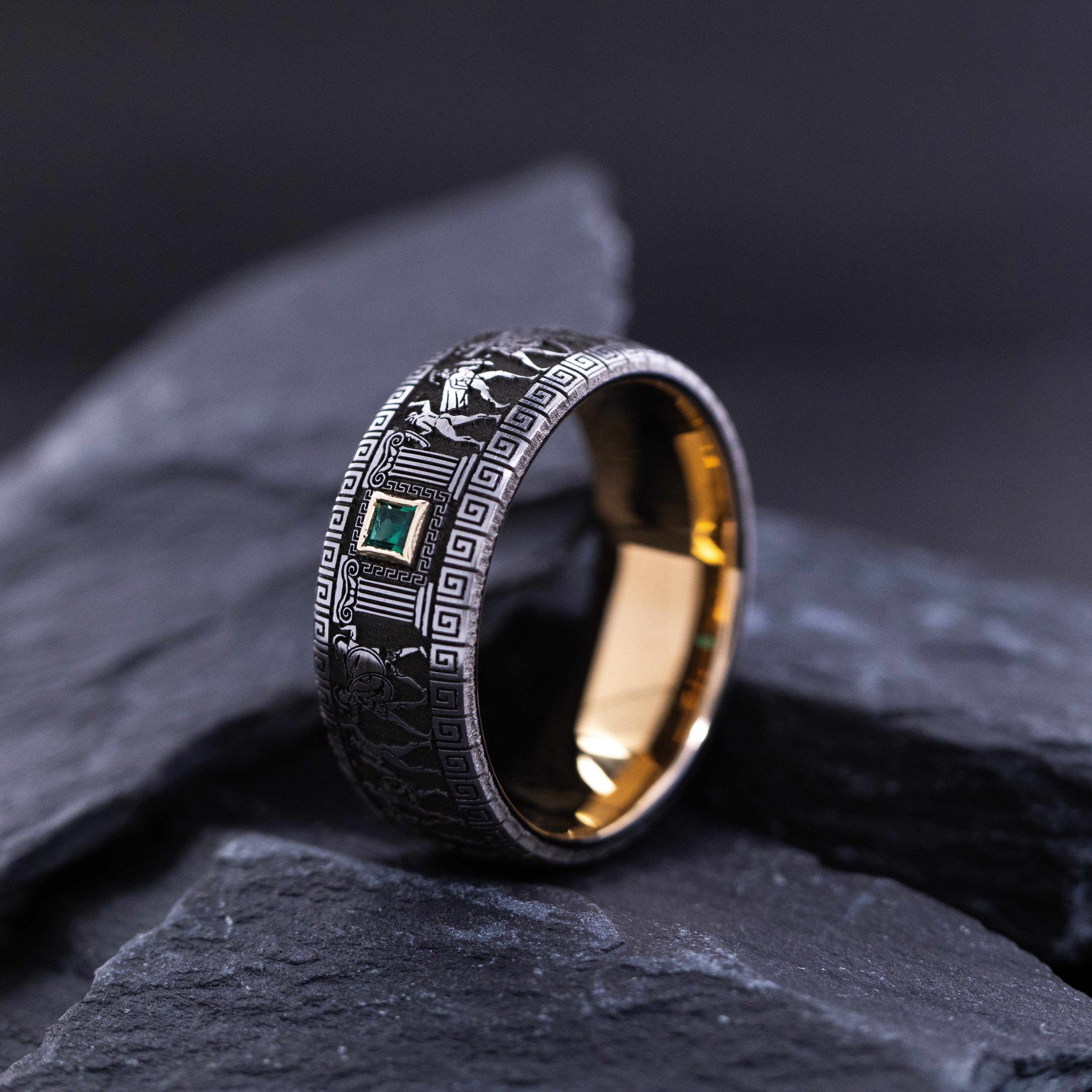 9mm Tungsten Carbide Ring with Rose Gold Plating, Gemstone and Ancient Greek Style Deep Engravings