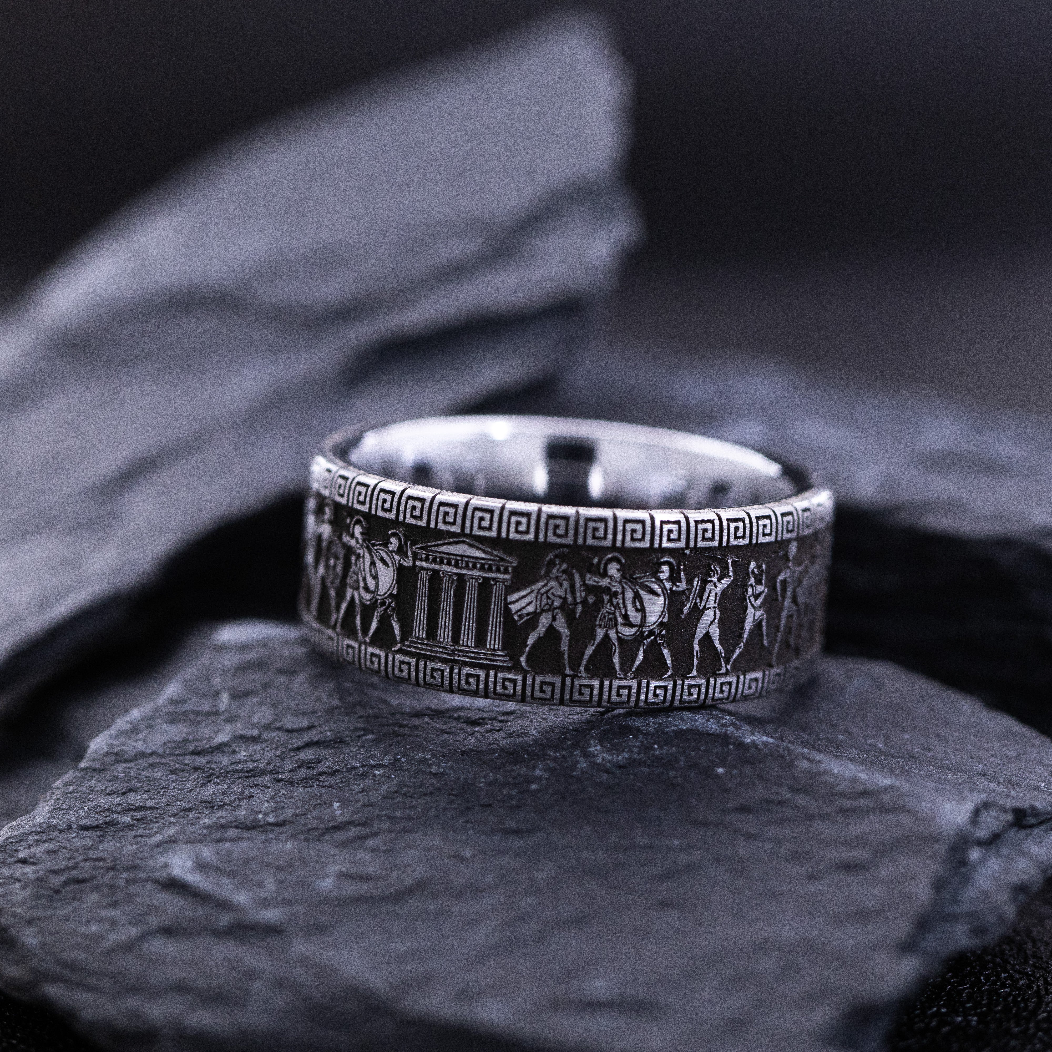 9mm Tungsten Carbide Ring with Round Cut Gemstone and Ancient Greek Warrior Deep Engravings