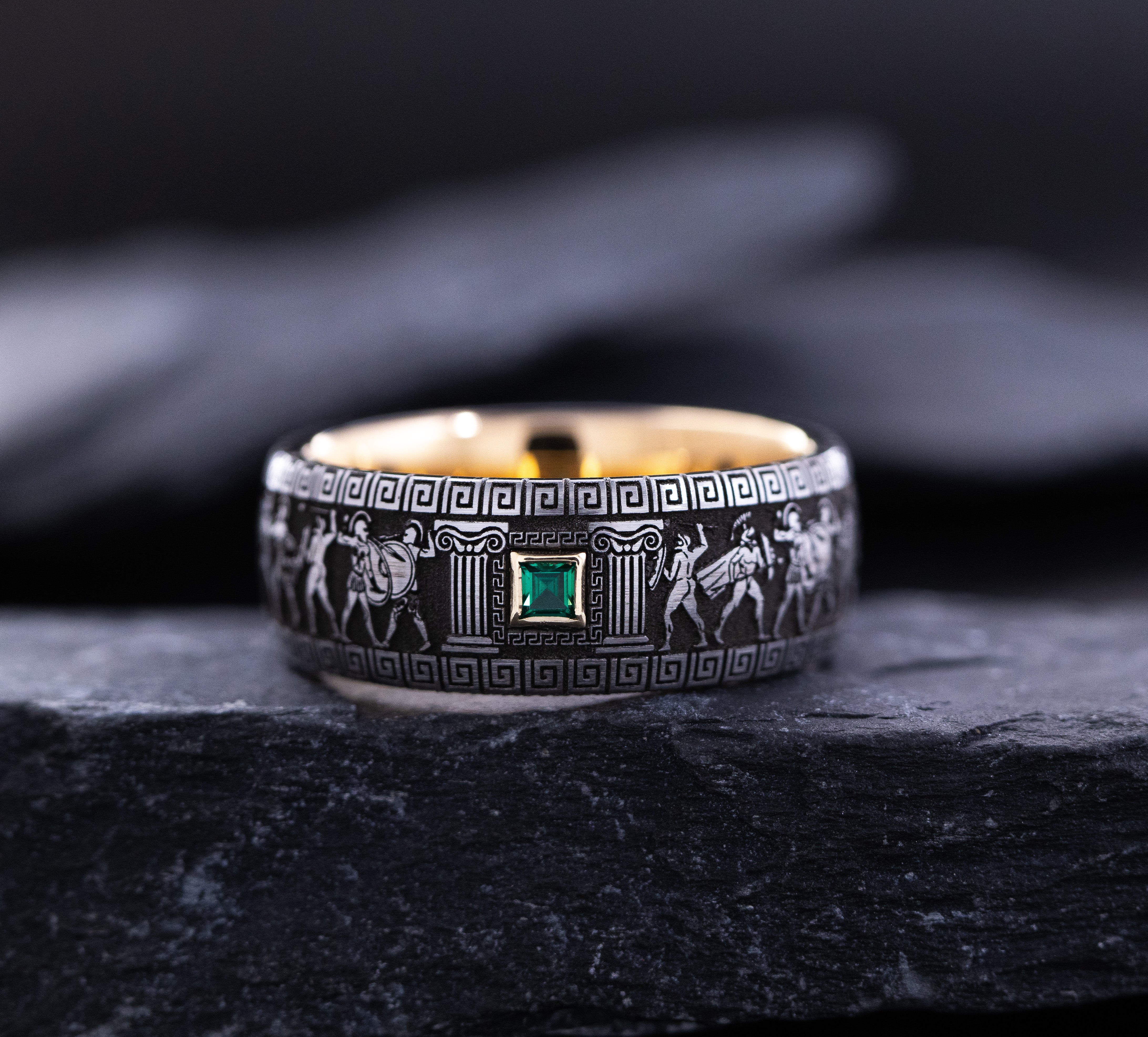 9mm Tungsten Carbide Ring with Rose Gold Plating, Gemstone and Ancient Greek Style Deep Engravings