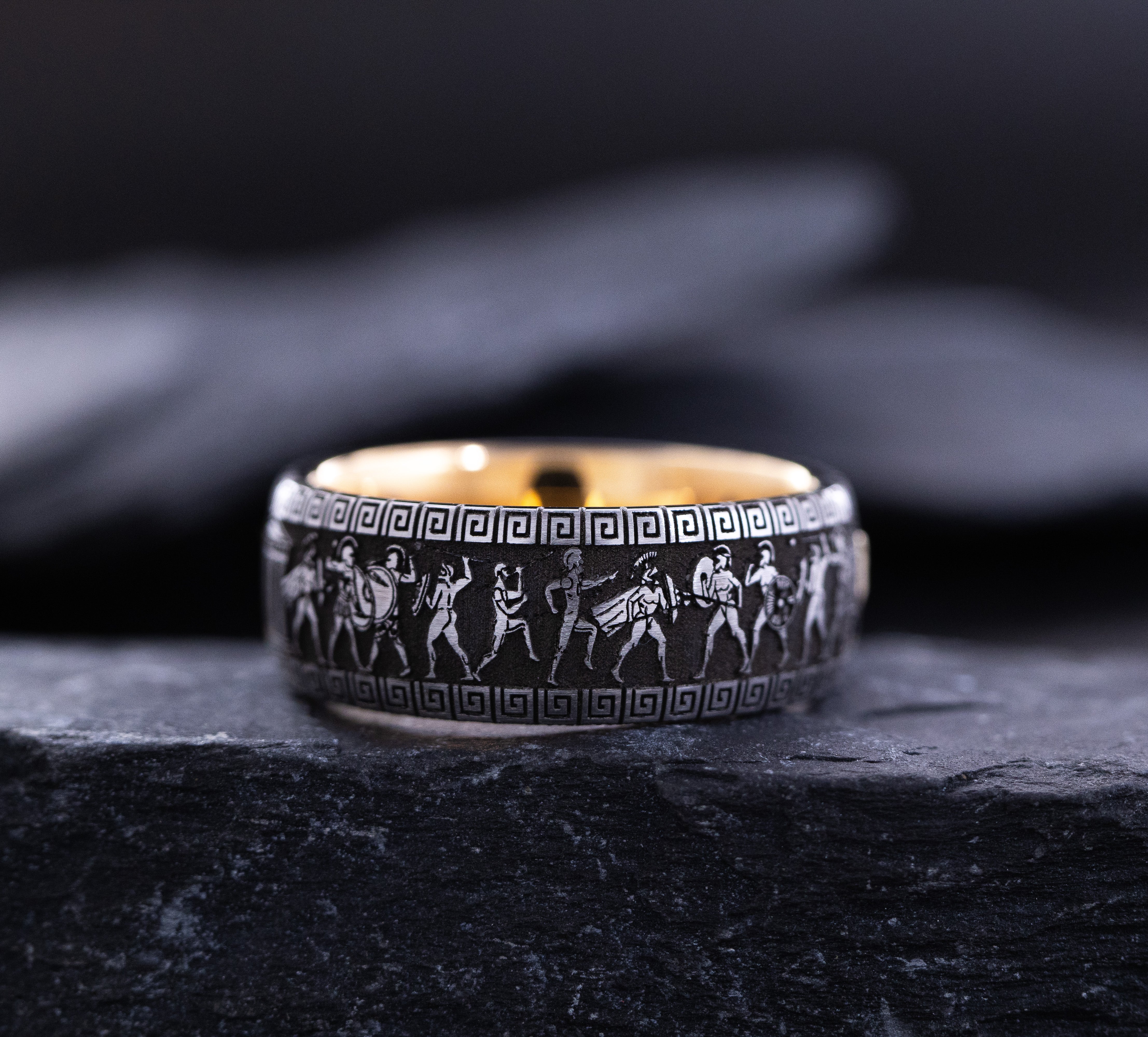 9mm Tungsten Carbide Ring with Rose Gold Plating, Gemstone and Ancient Greek Style Deep Engravings