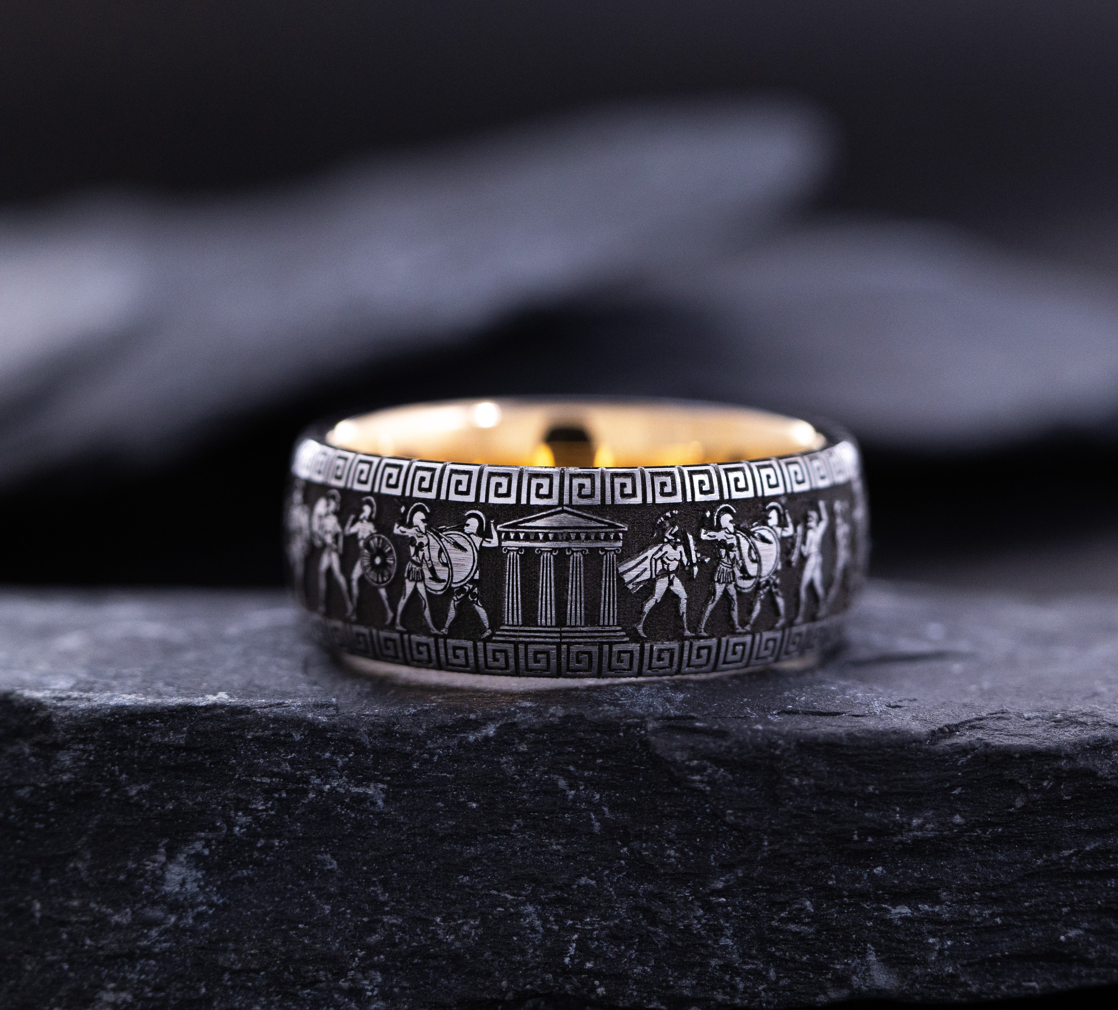 9mm Tungsten Carbide Ring with Rose Gold Plating, Gemstone and Ancient Greek Style Deep Engravings