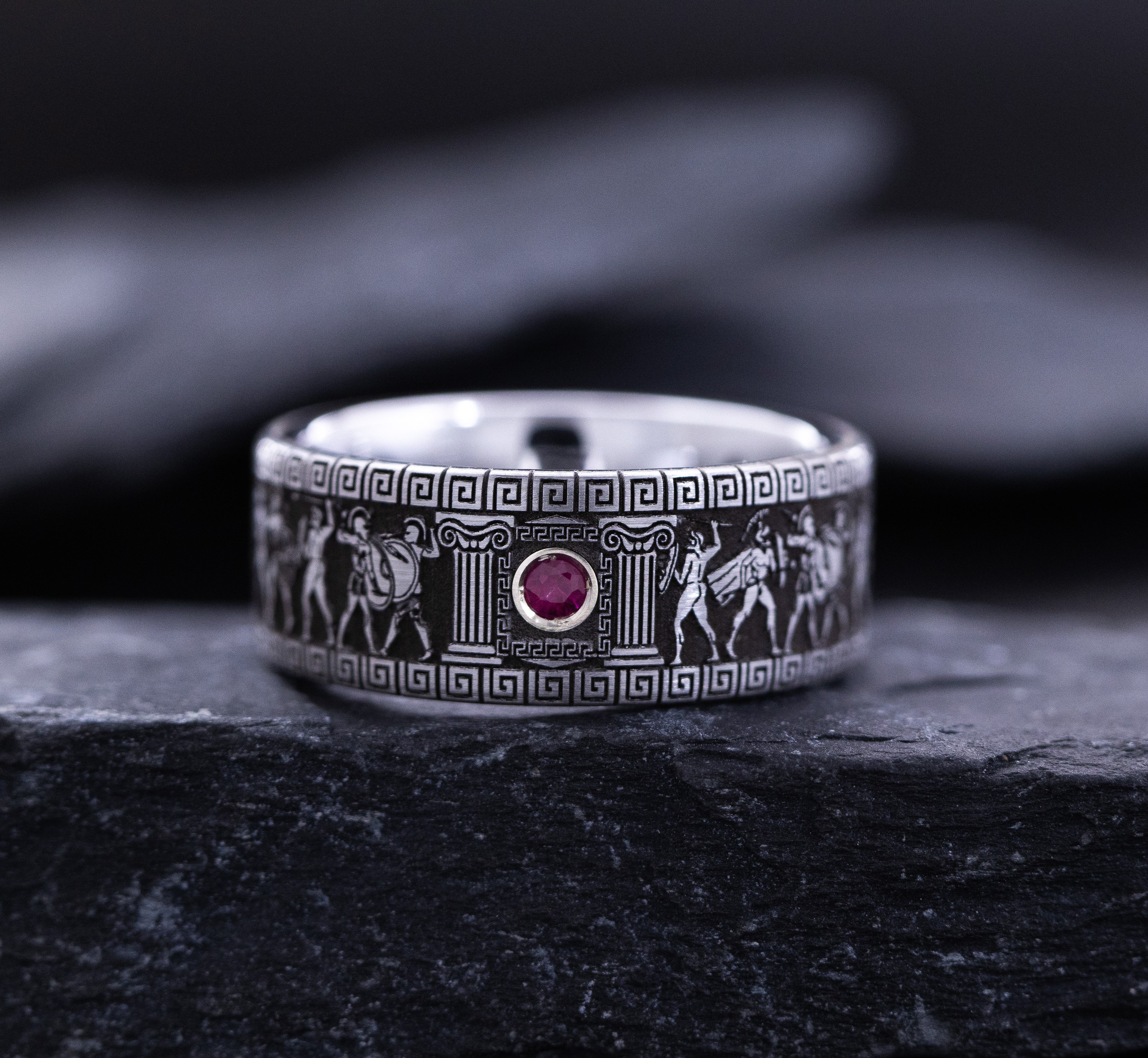 9mm Tungsten Carbide Ring with Round Cut Gemstone and Ancient Greek Warrior Deep Engravings