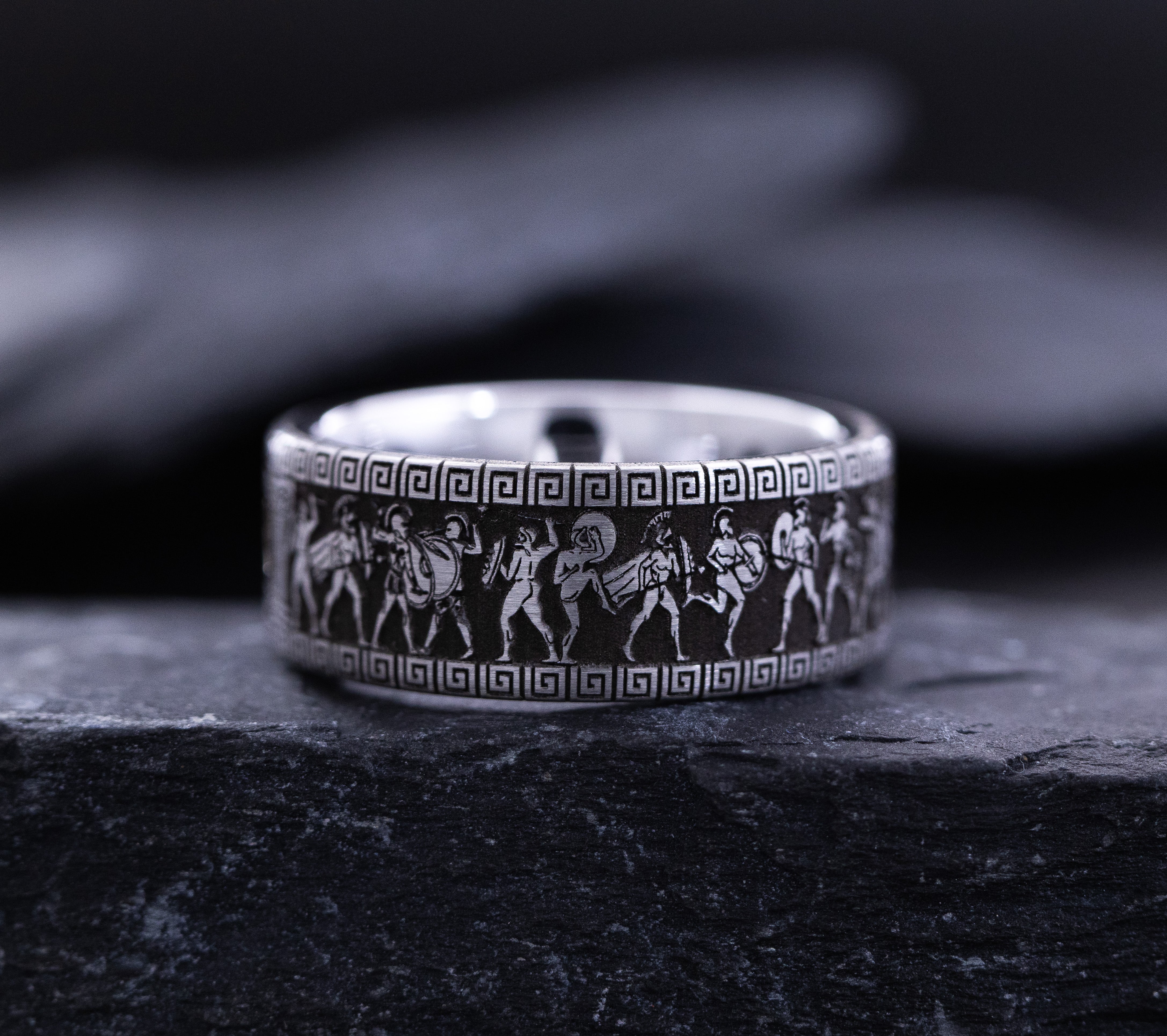 9mm Tungsten Carbide Ring with Round Cut Gemstone and Ancient Greek Warrior Deep Engravings