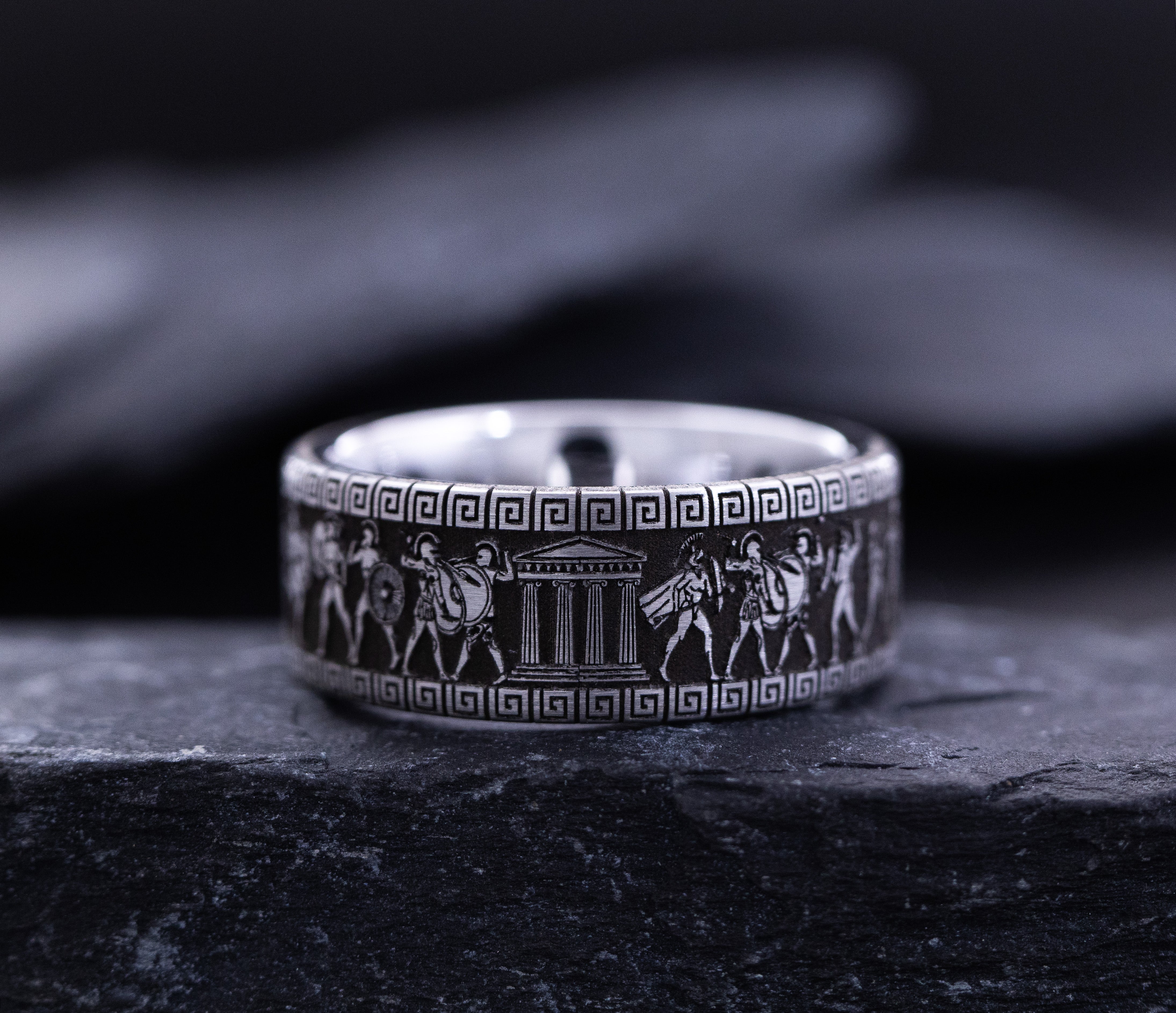 9mm Tungsten Carbide Ring with Round Cut Gemstone and Ancient Greek Warrior Deep Engravings