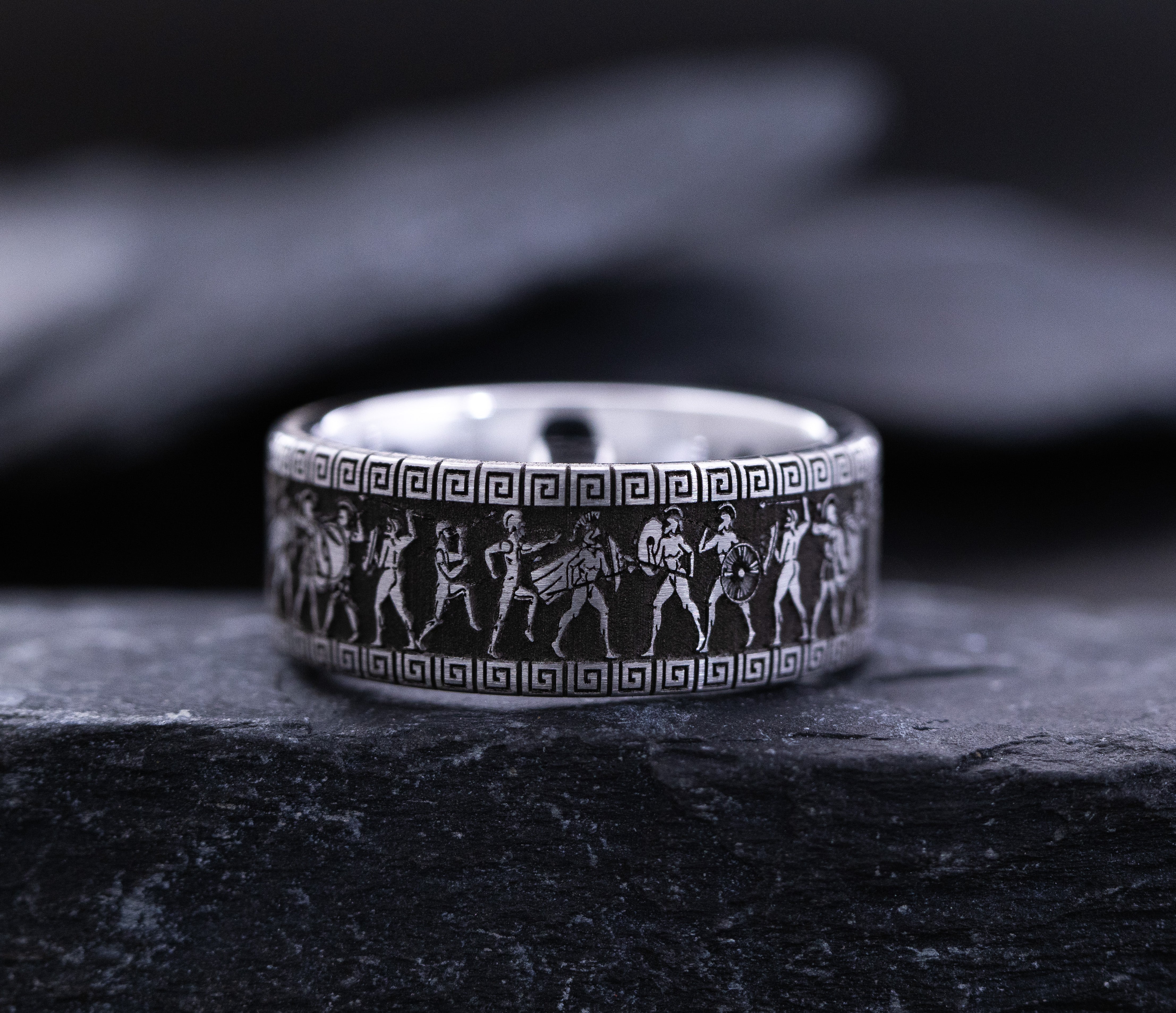 9mm Tungsten Carbide Ring with Round Cut Gemstone and Ancient Greek Warrior Deep Engravings