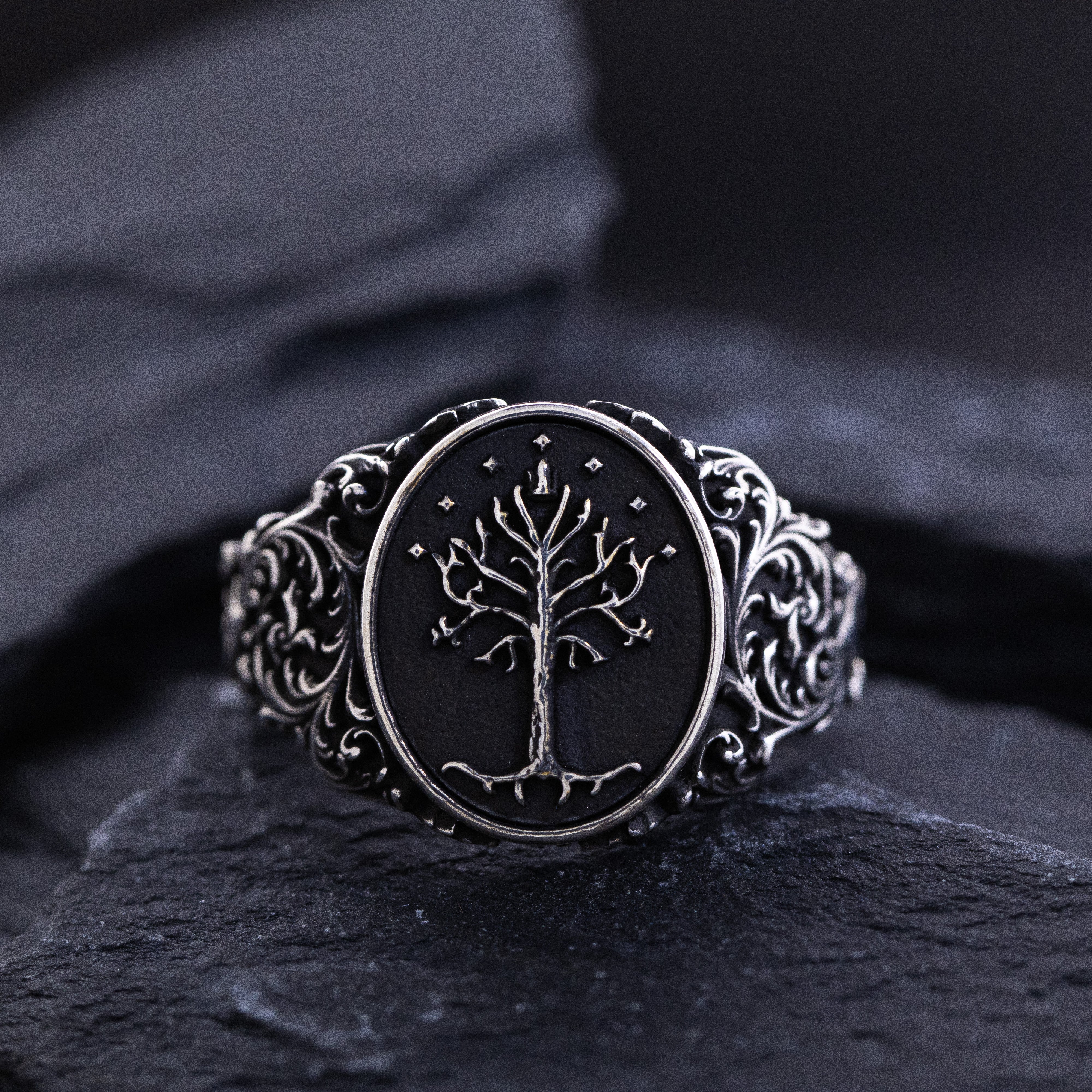 Elvish Signet Ring, Oxidized Sterling Silver Ring with Floral Patterns