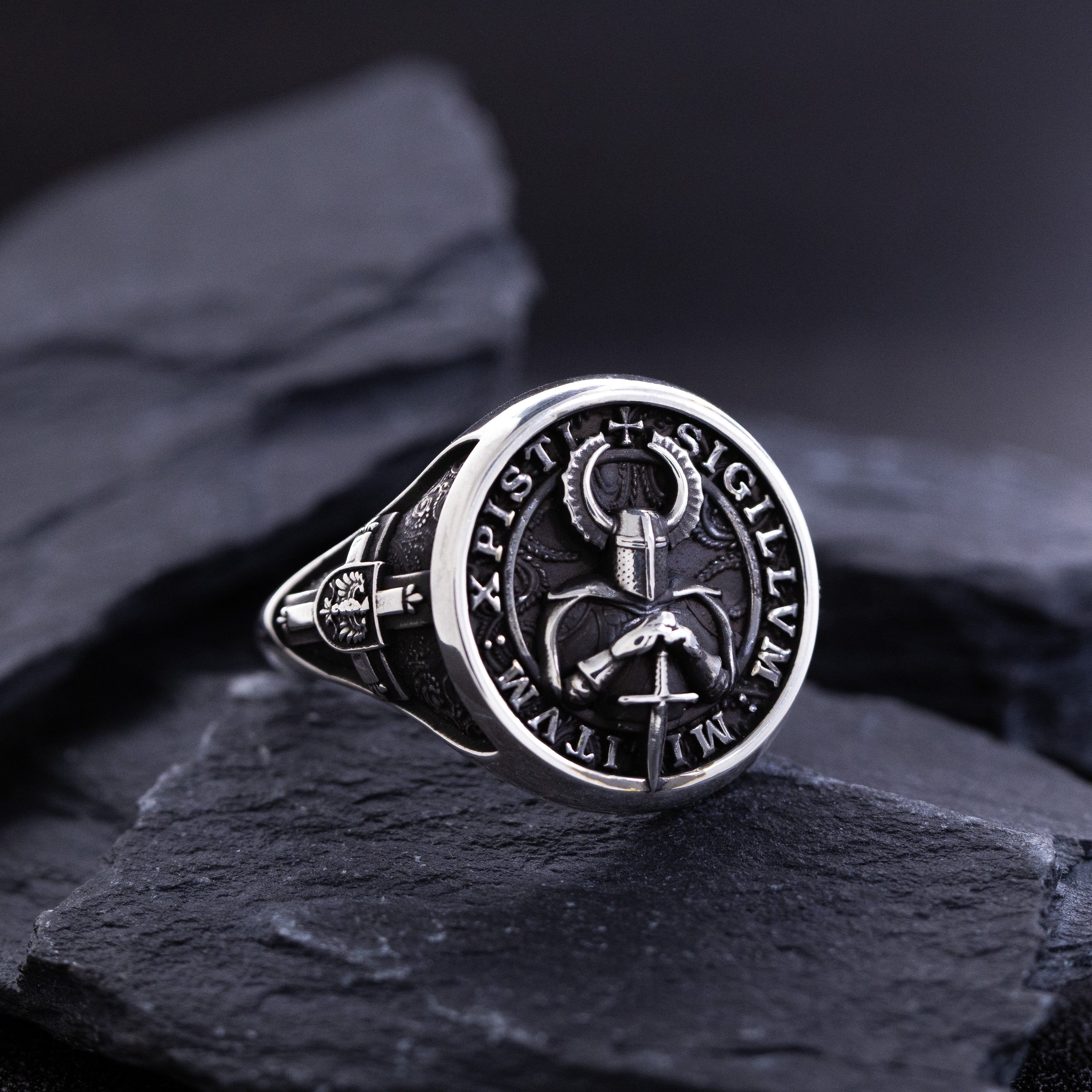 Oxidized Sterling Silver Signet Ring with Teutonic Knight