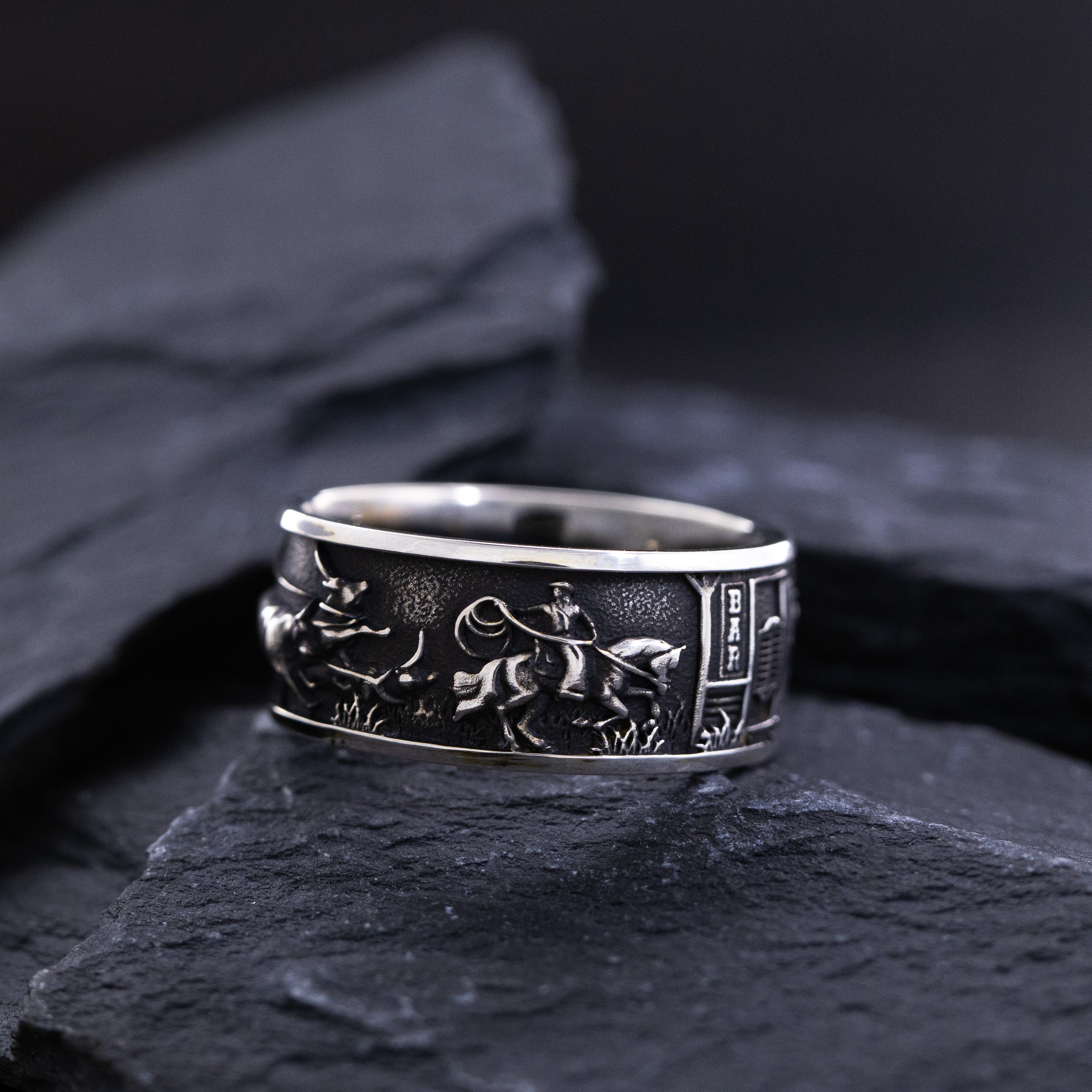 10mm Sterling Silver Band with Western Cowboys