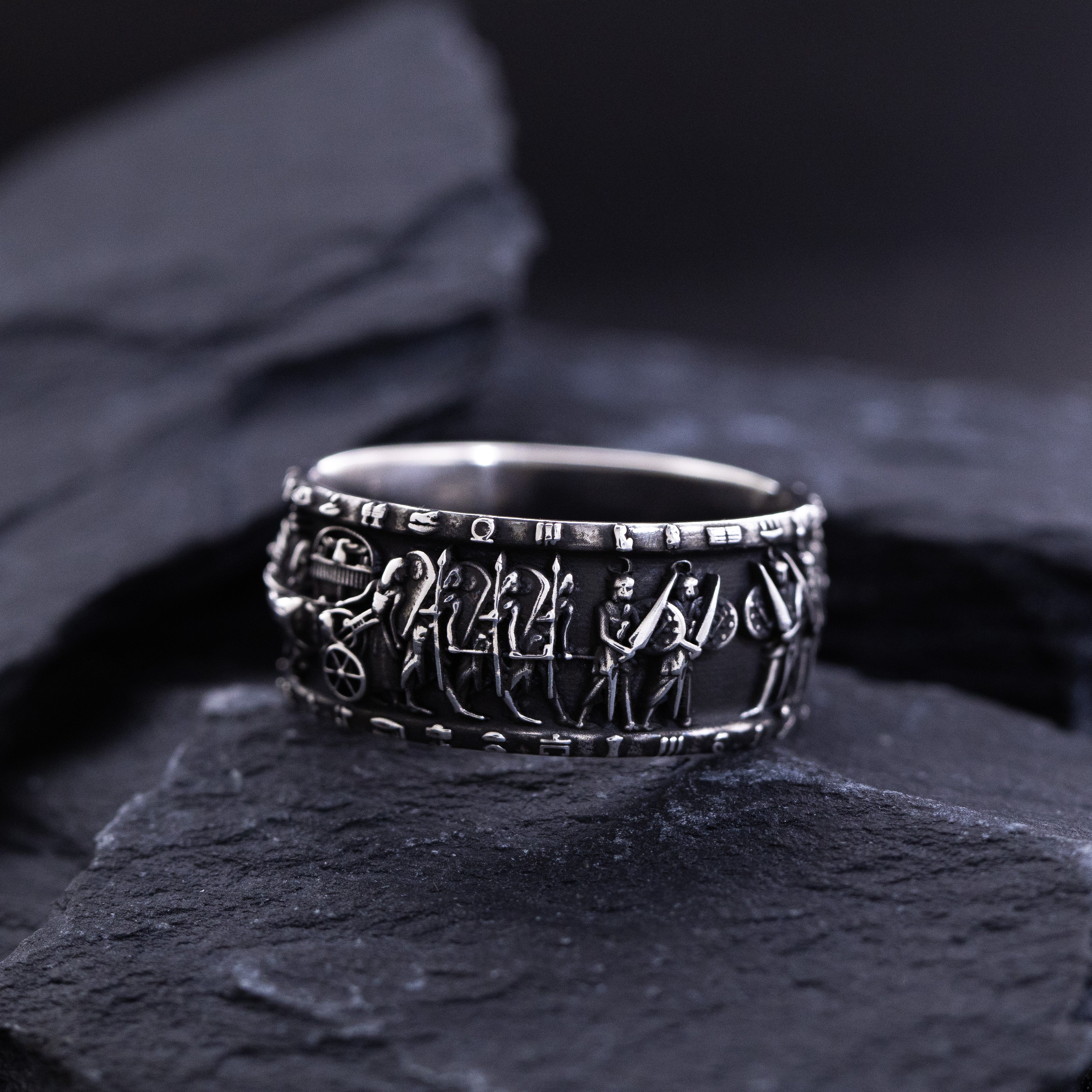 10mm Custom, Oxidized Sterling Silver Ring with Egyptian Battle of Kadesh Depiction