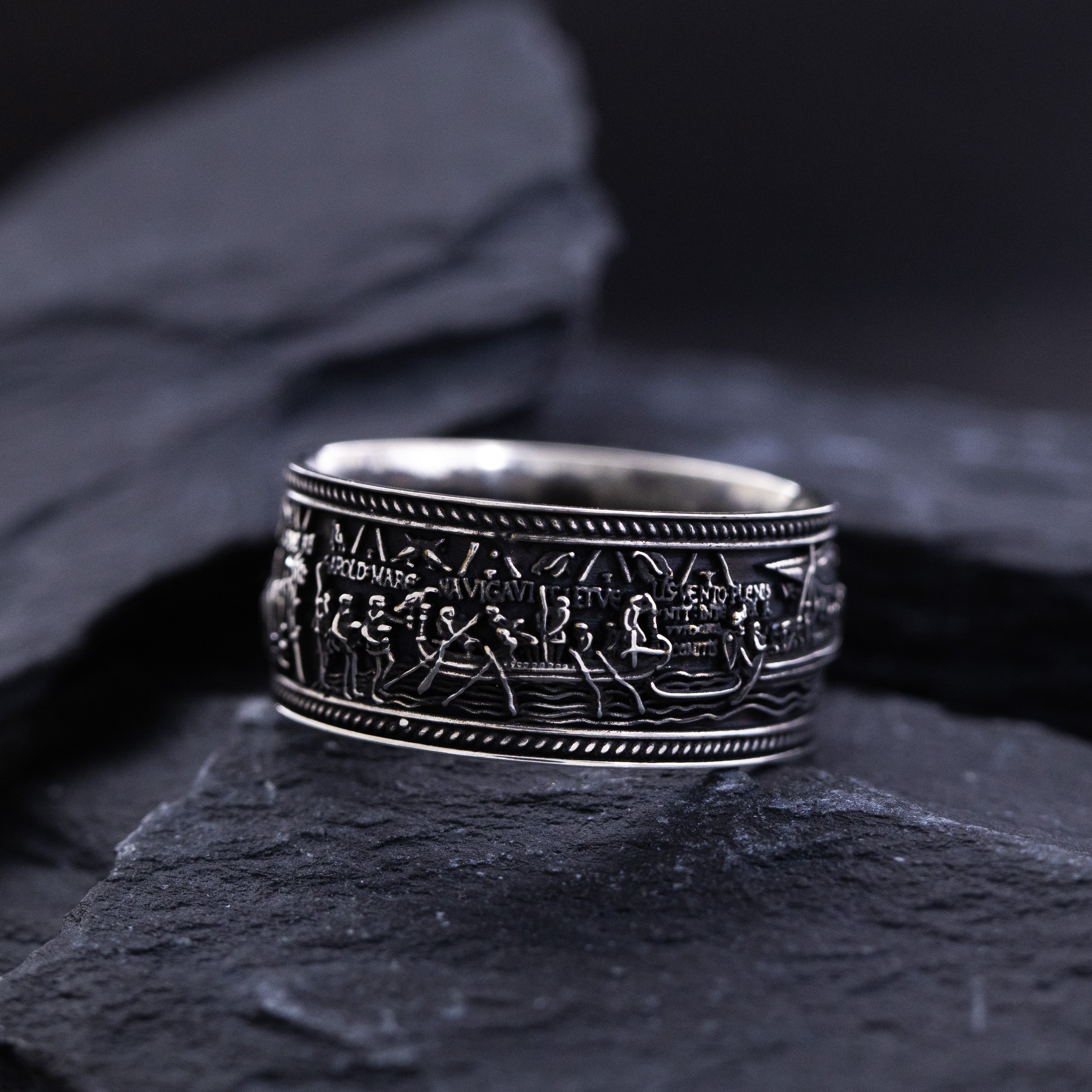 Sterling Silver Black Band with Bayeux Tapestry Relief