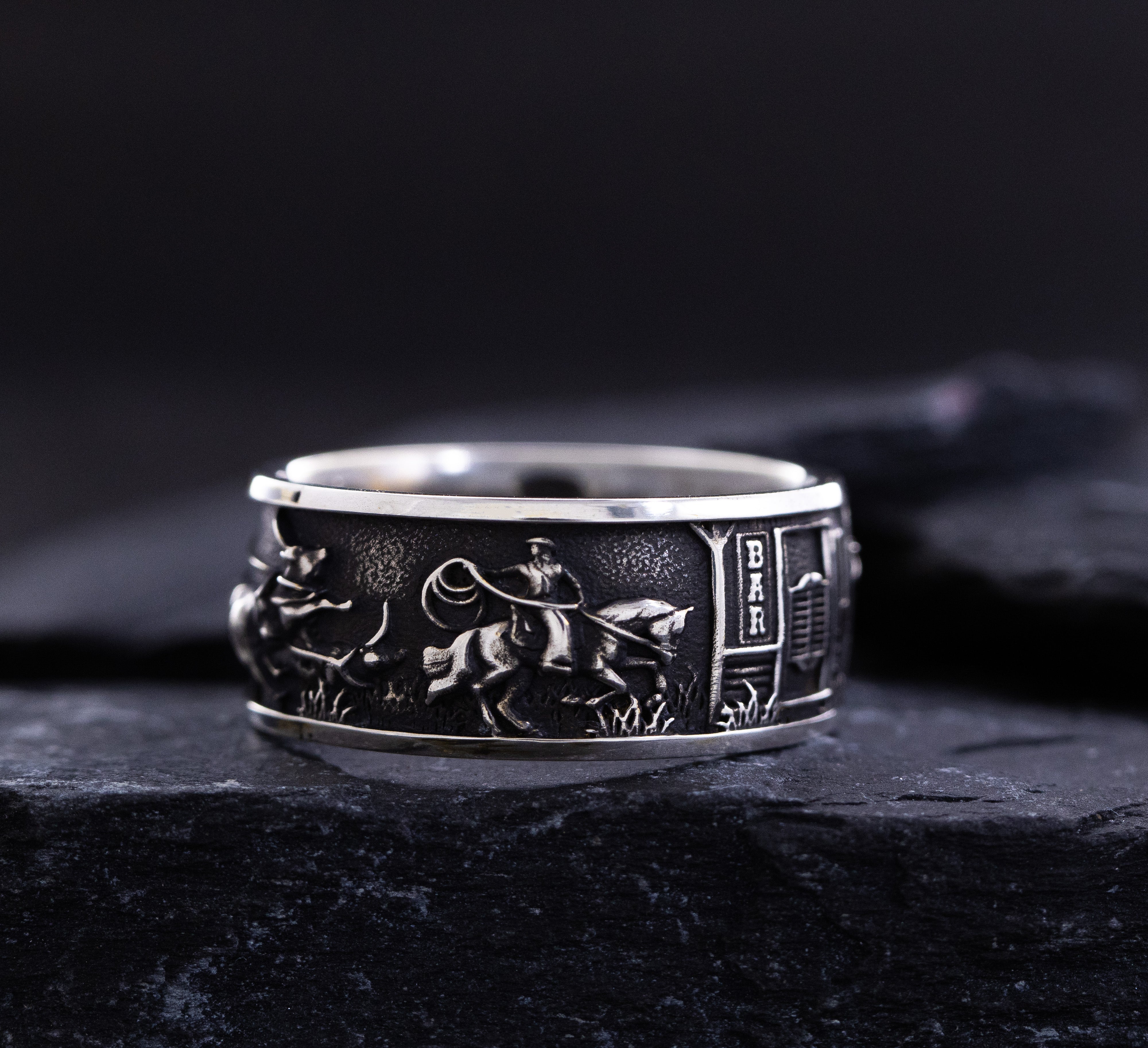 10mm Sterling Silver Band with Western Cowboys