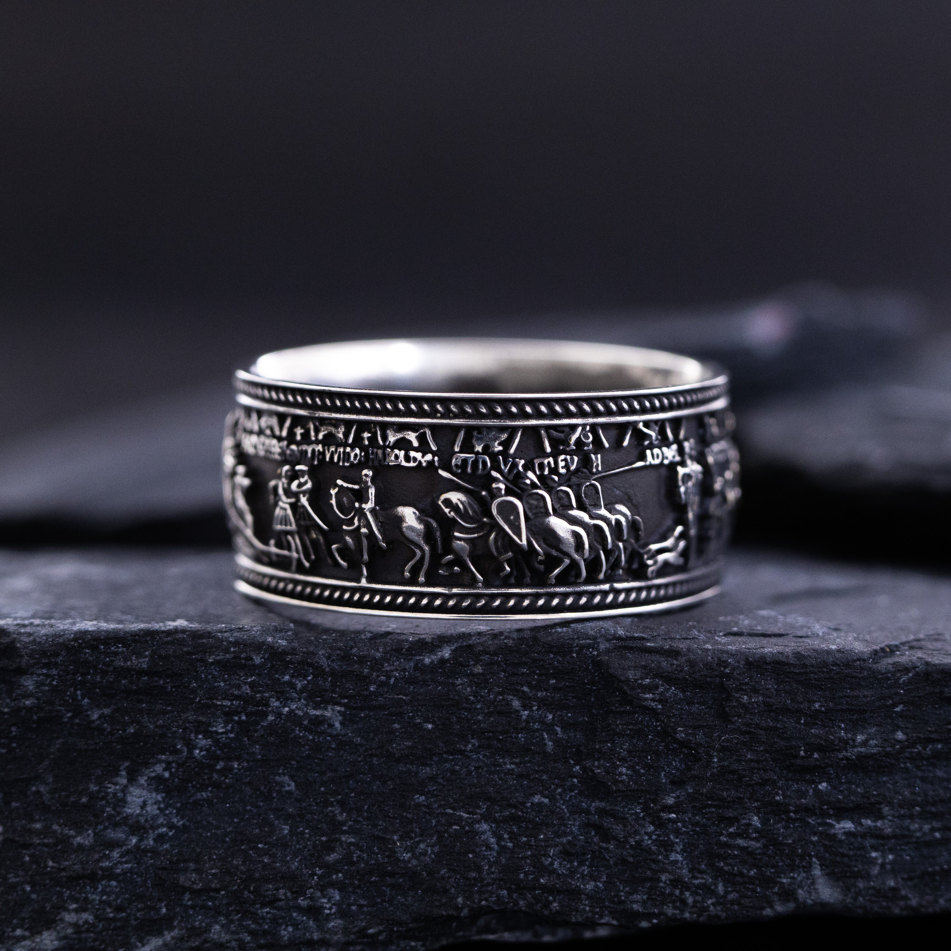 Sterling Silver Black Band with Bayeux Tapestry Relief