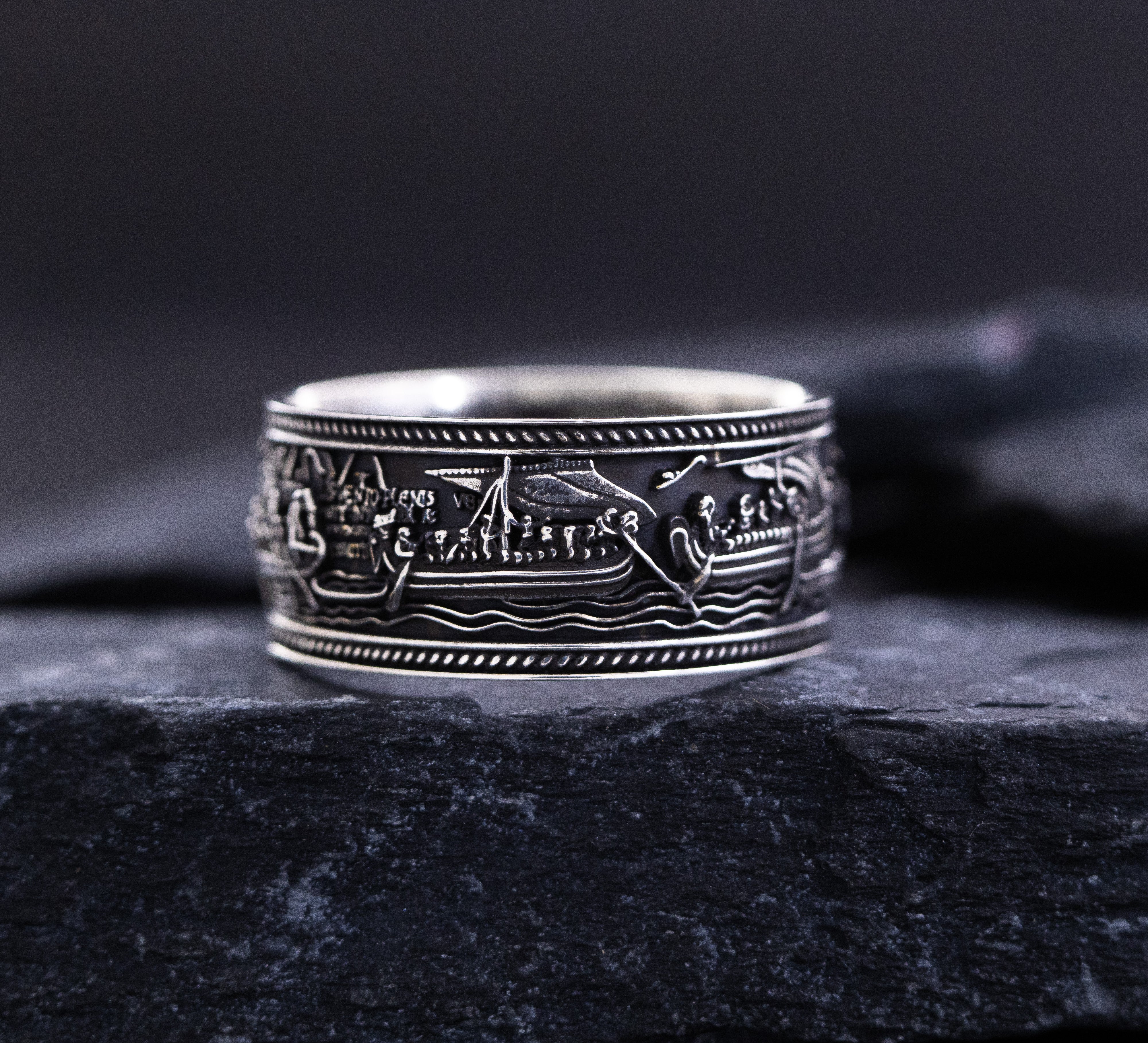 Sterling Silver Black Band with Bayeux Tapestry Relief