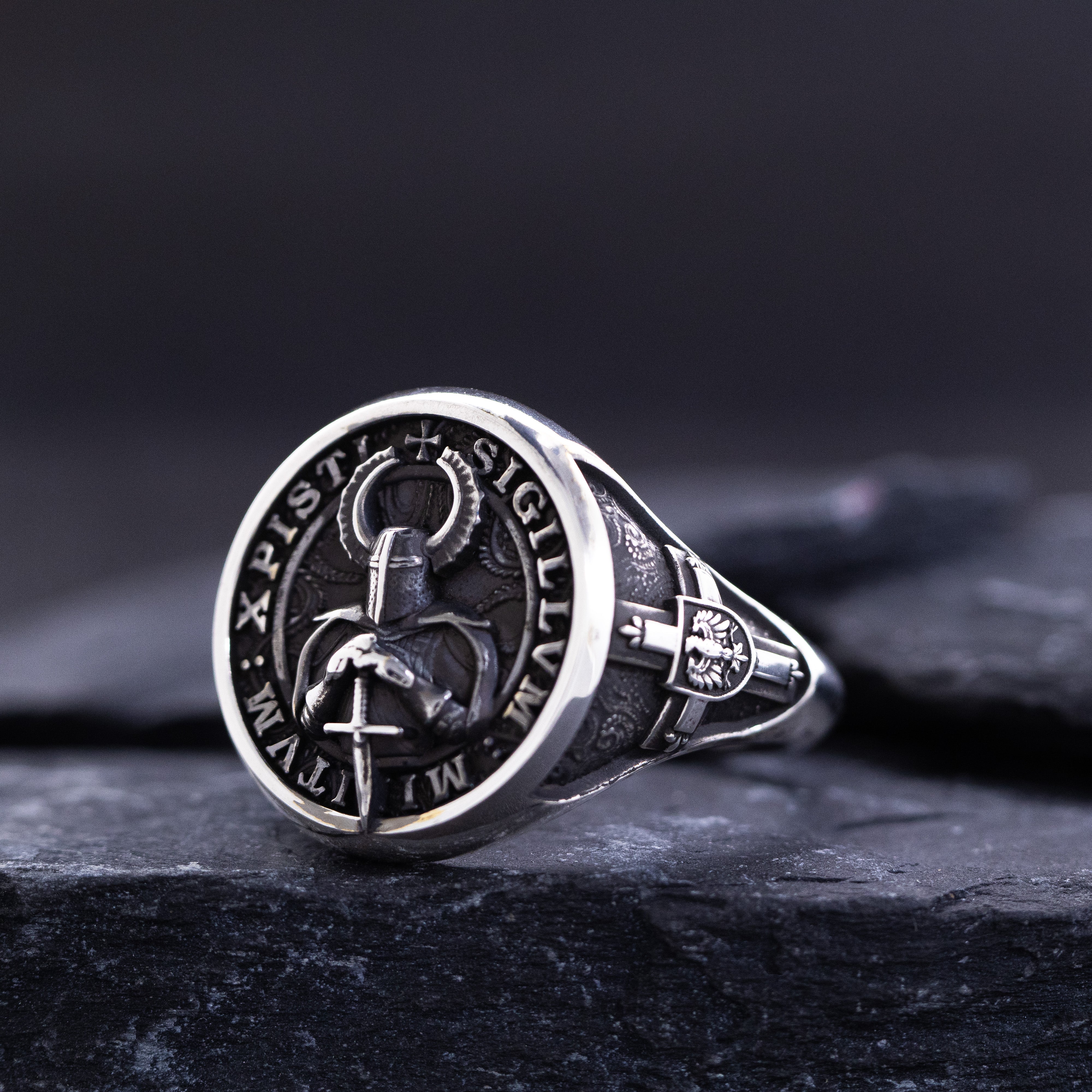 Oxidized Sterling Silver Signet Ring with Teutonic Knight