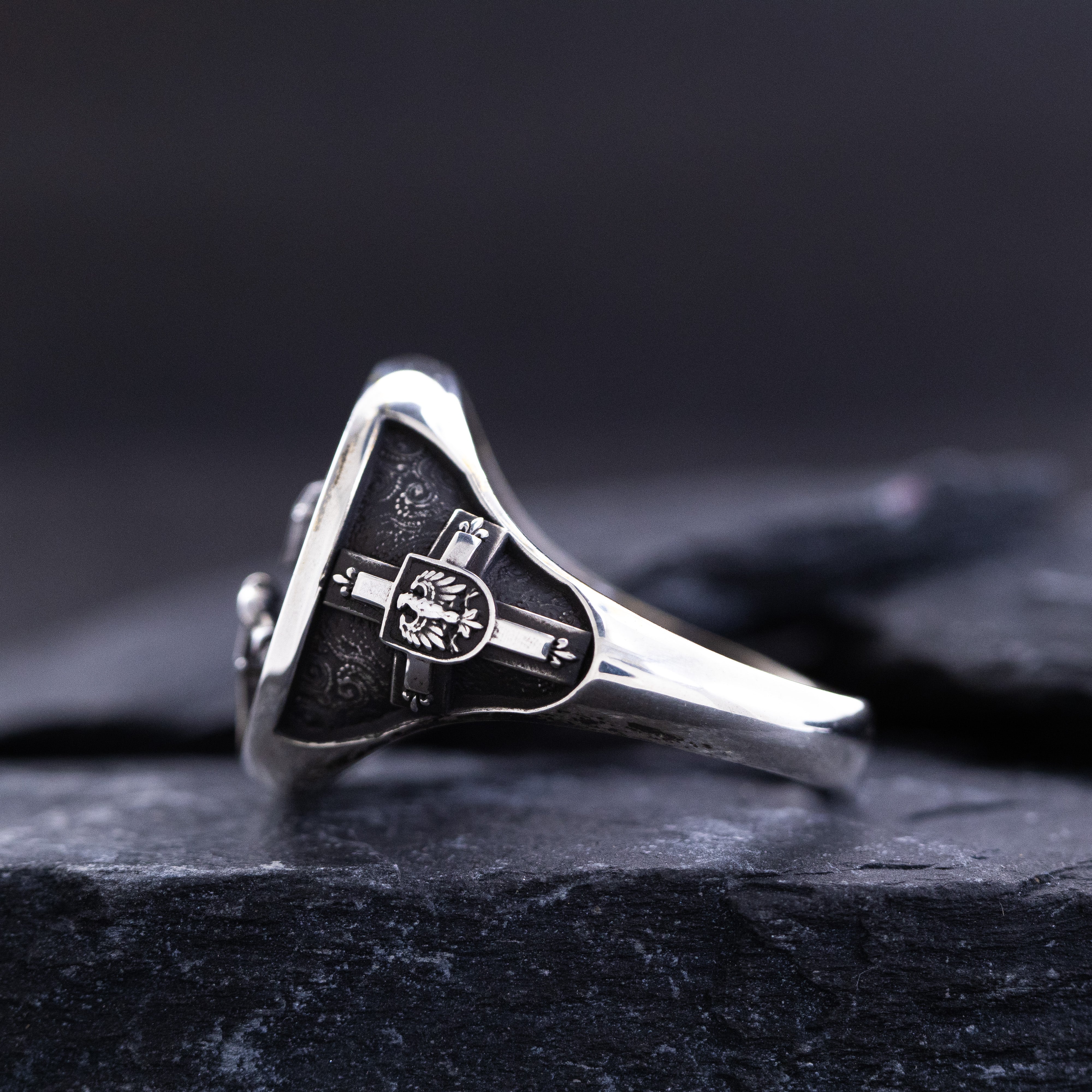 Oxidized Sterling Silver Signet Ring with Teutonic Knight