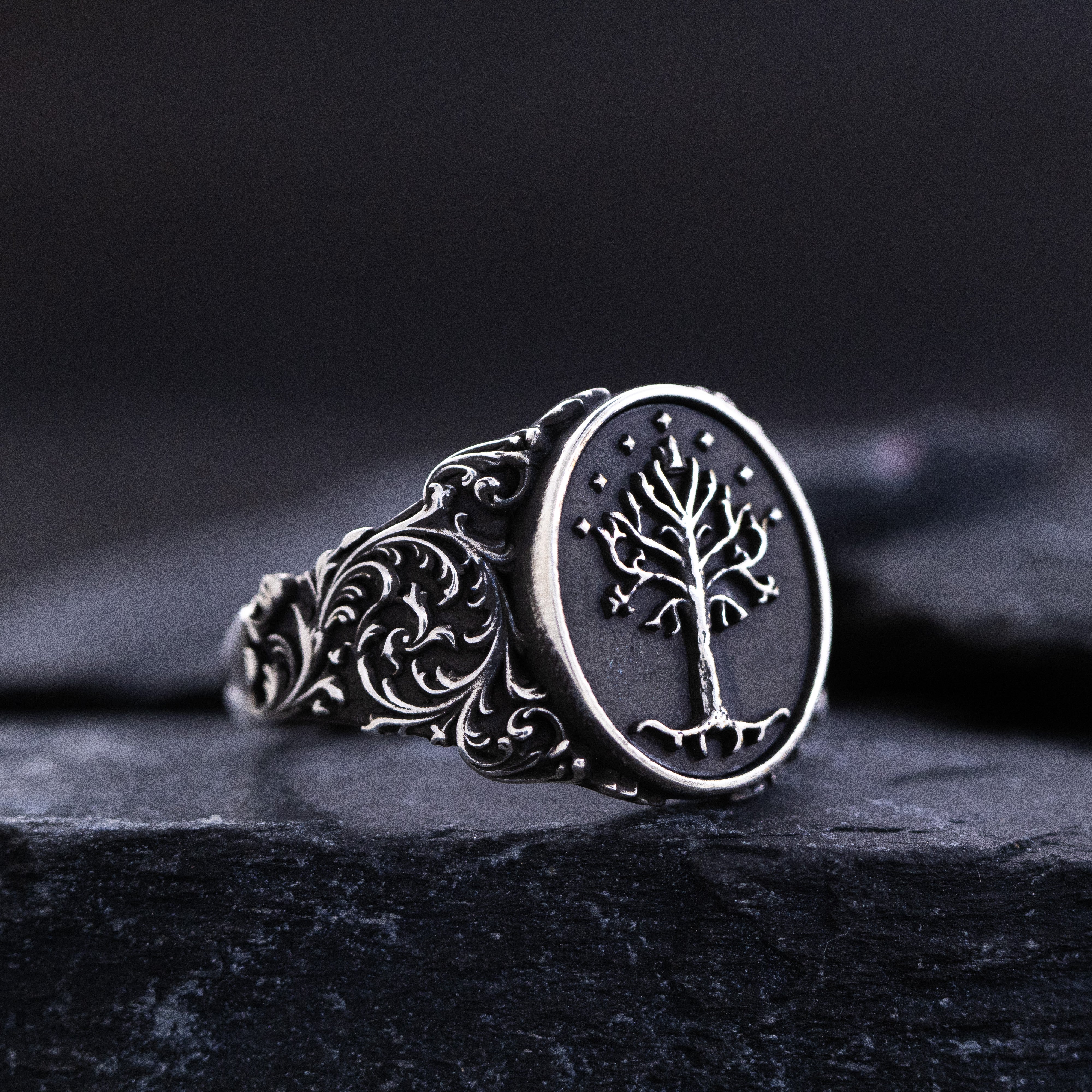 Elvish Signet Ring, Oxidized Sterling Silver Ring with Floral Patterns