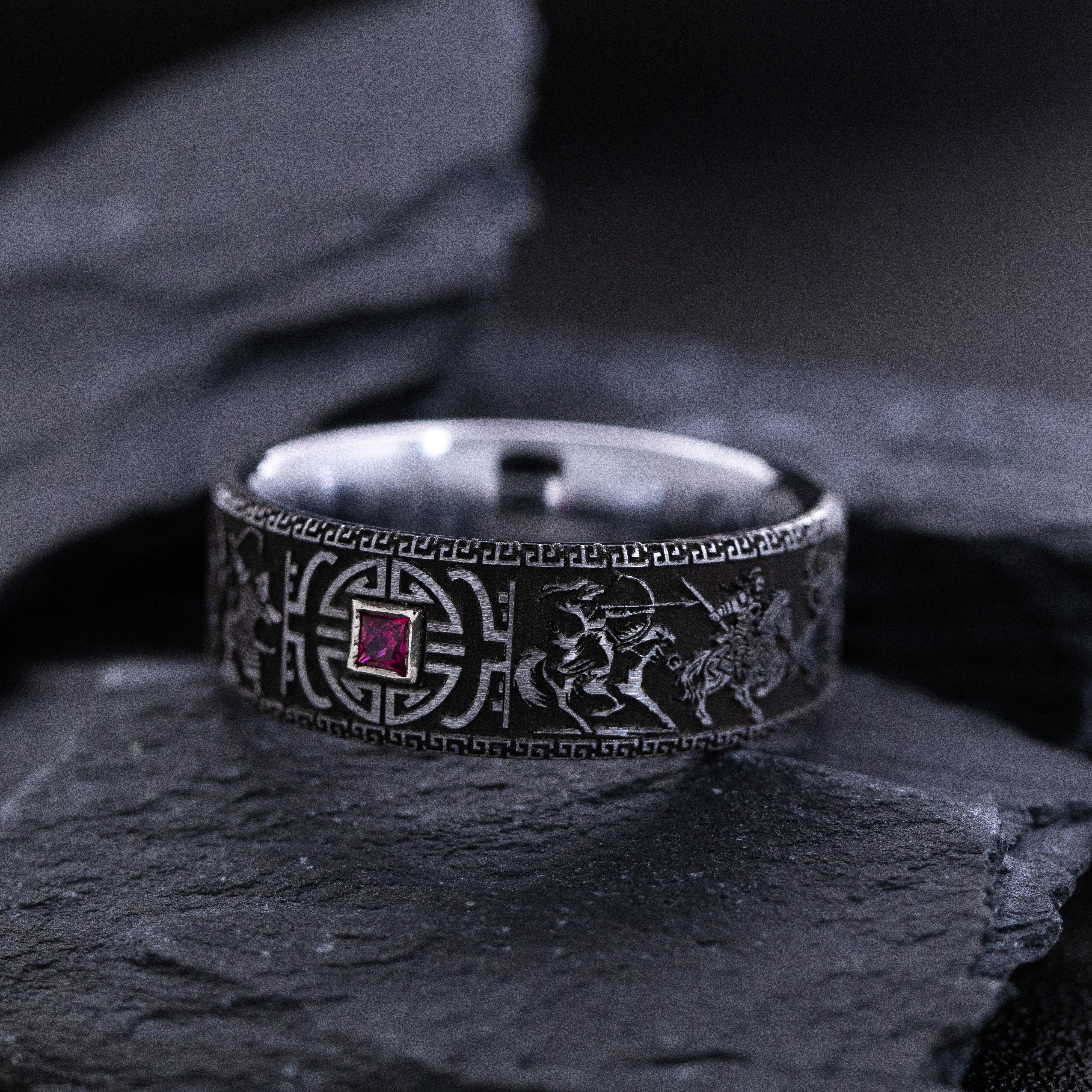 9mm Tungsten Carbide Ring with Princess Cut Gemstone and Mongol Steppe Nomad Warrior Engravings