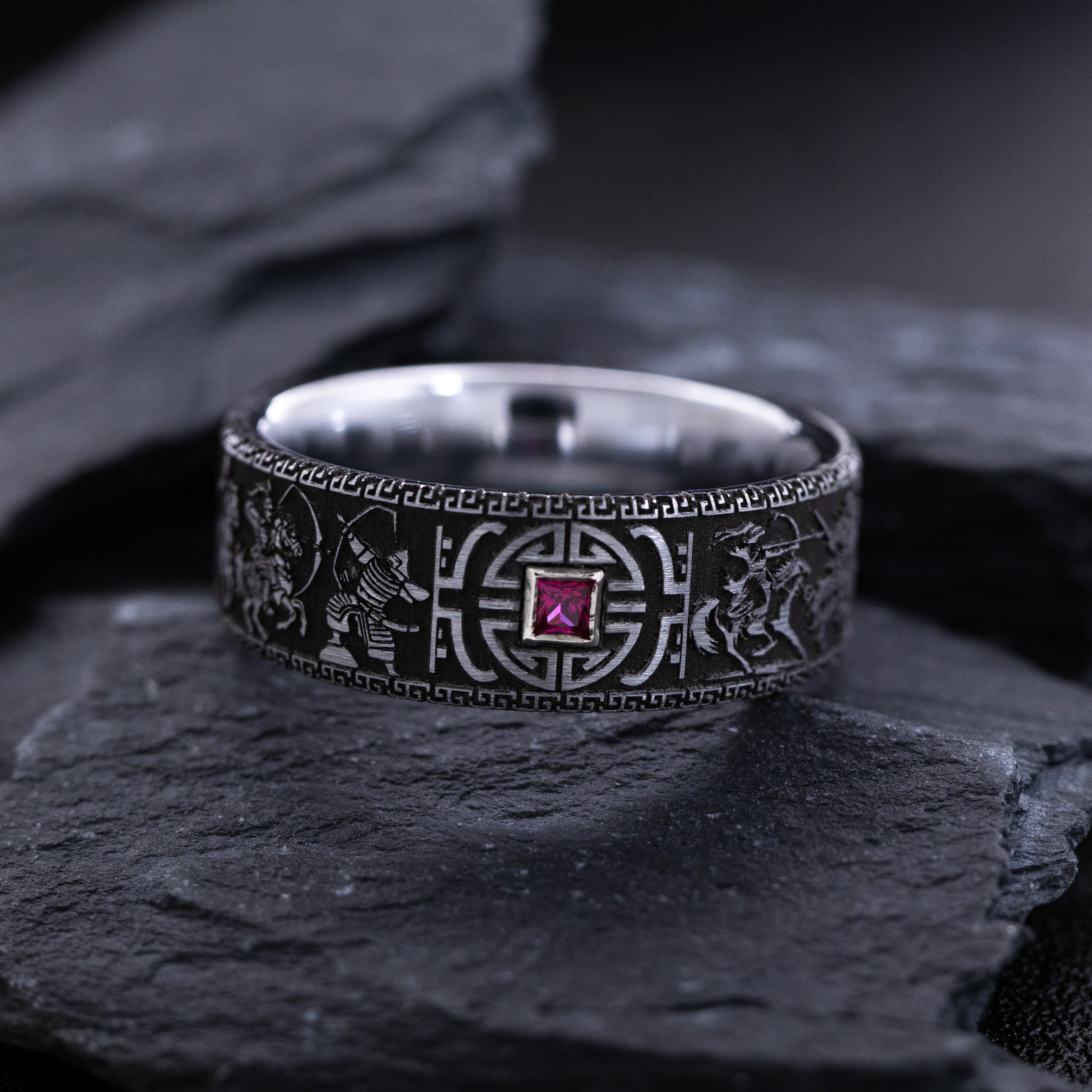 9mm Tungsten Carbide Ring with Princess Cut Gemstone and Mongol Steppe Nomad Warrior Engravings
