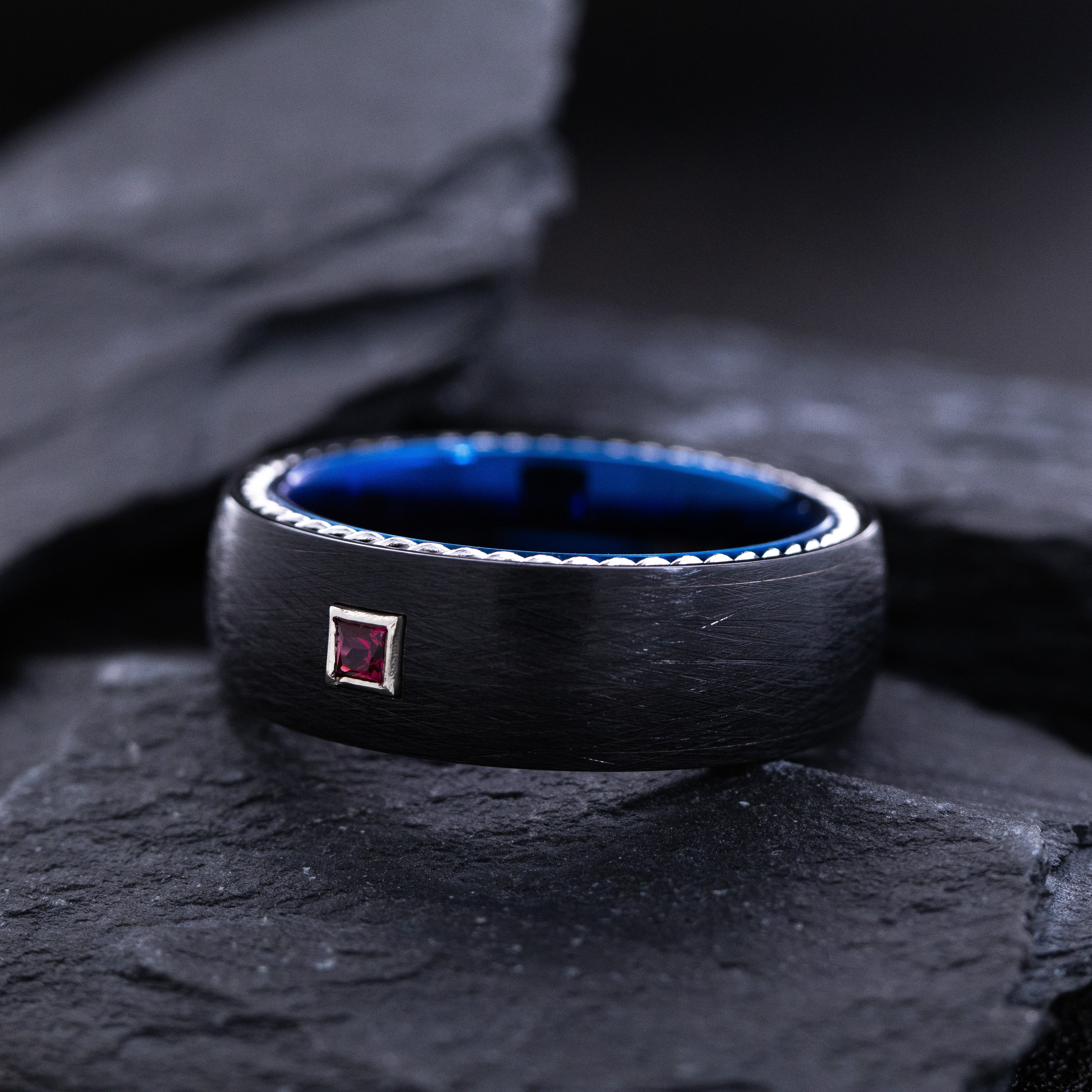 8mm Blue and Black Tungsten Carbide Ring with Princess Cut Gemstone and Twisted Rope Edges