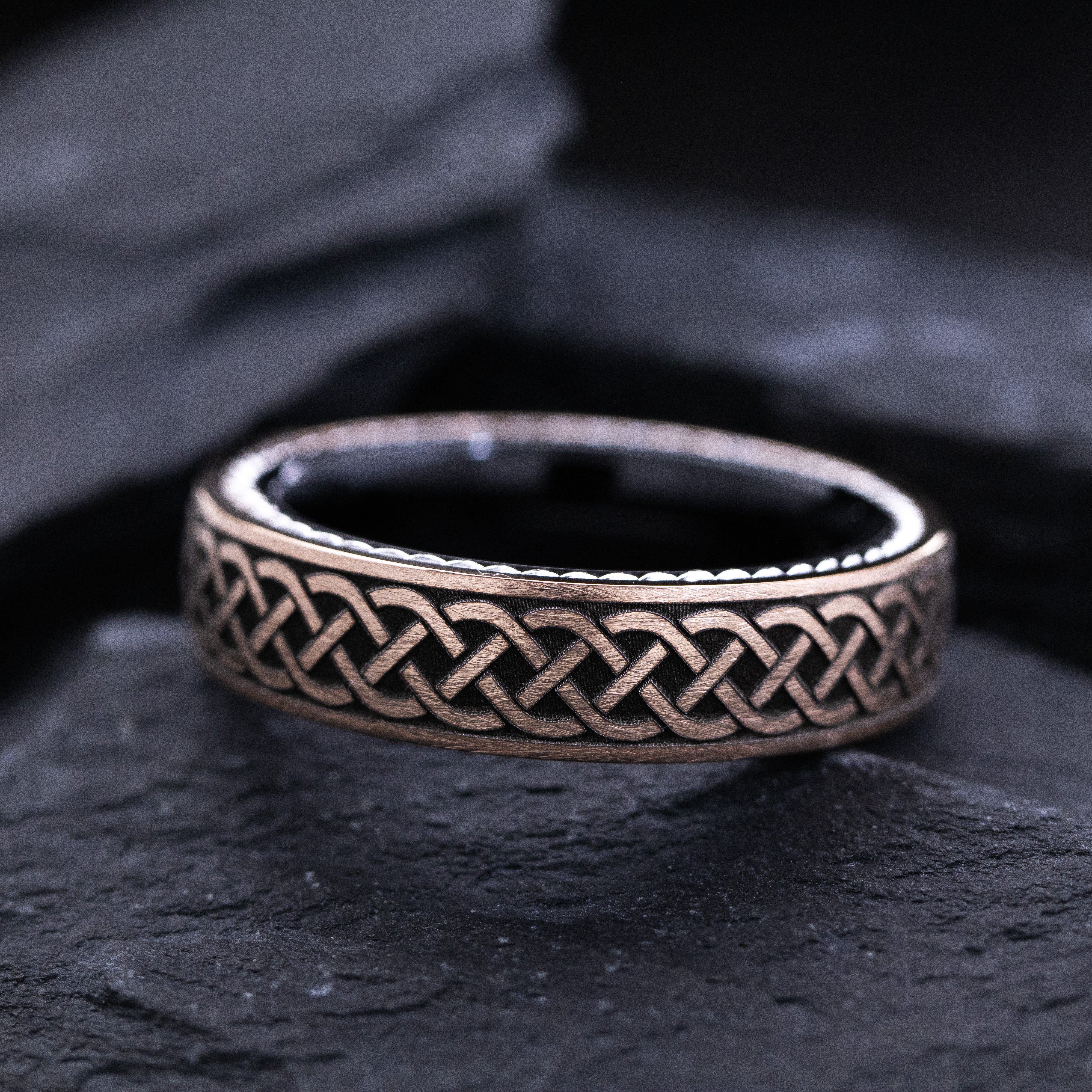 Rose Gold Plated 6mm Tungsten Carbide Ring with Engraved Celtic Pattern and Twisted Rope Edges