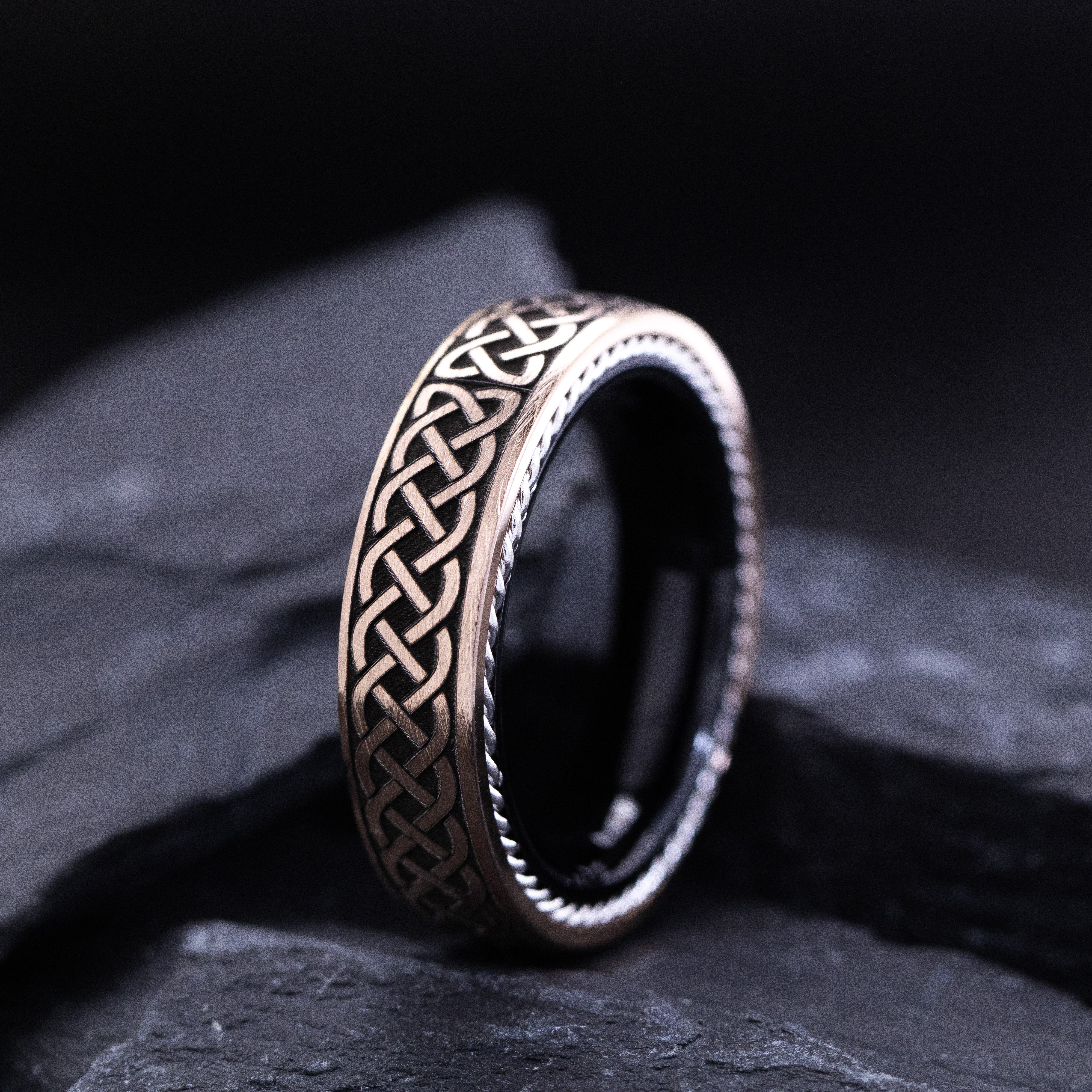 Rose Gold Plated 6mm Tungsten Carbide Ring with Engraved Celtic Pattern and Twisted Rope Edges