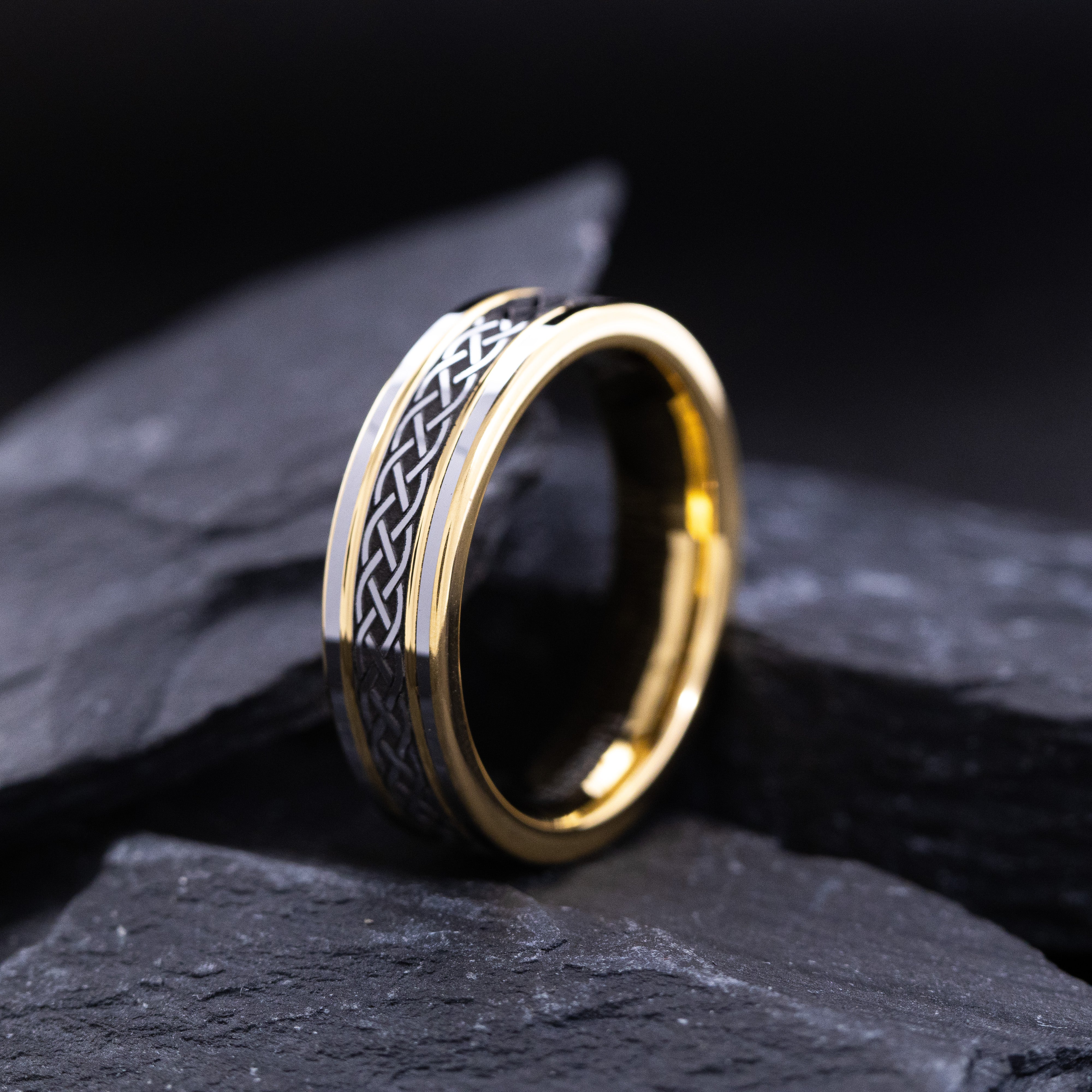 6mm Yellow Gold Plated Grooved Tungsten Carbide Band with Celtic Knot Pattern Engraving