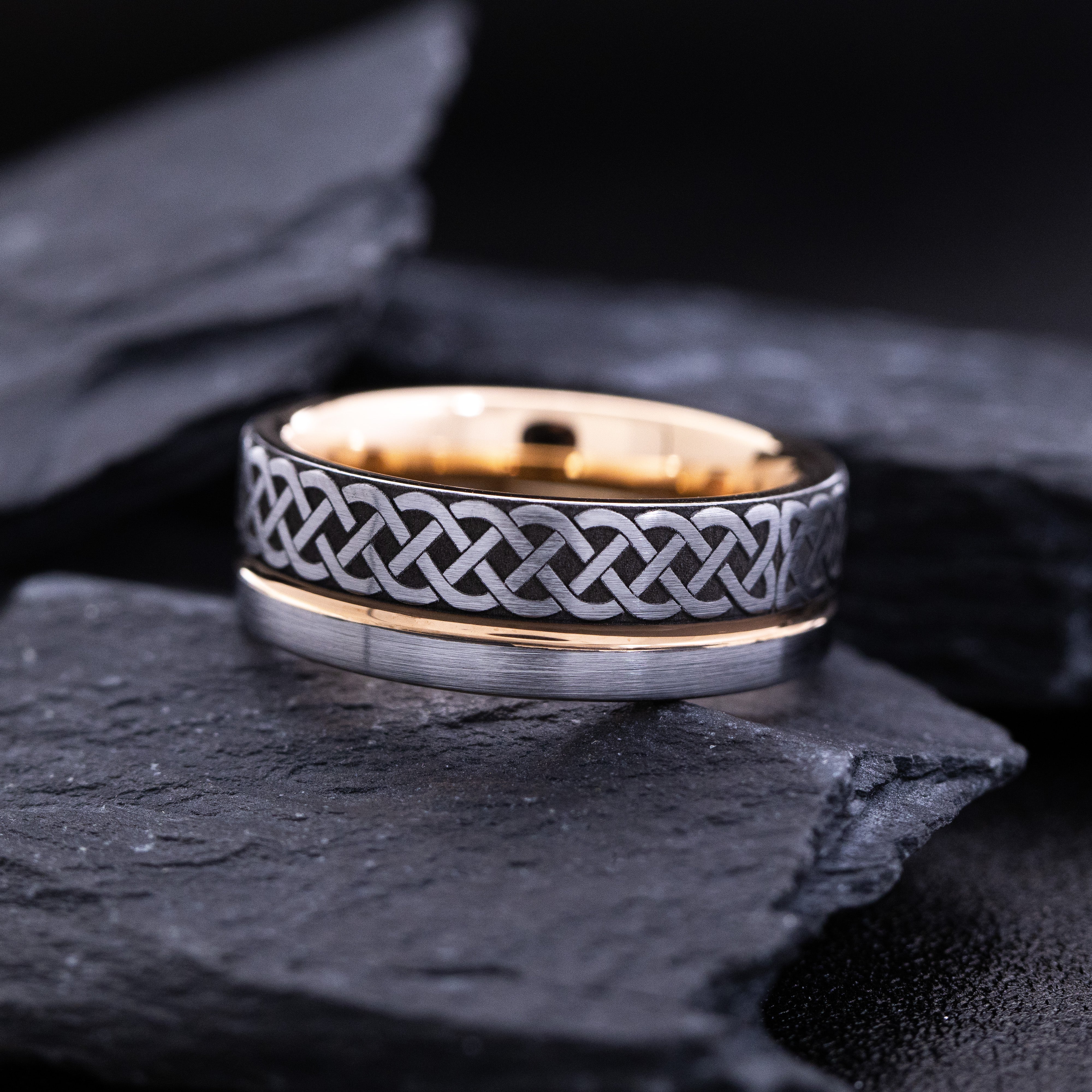 8mm Rose Gold Plated and Silver Tungsten Carbide Ring with Engraved Celtic Braid and Groove