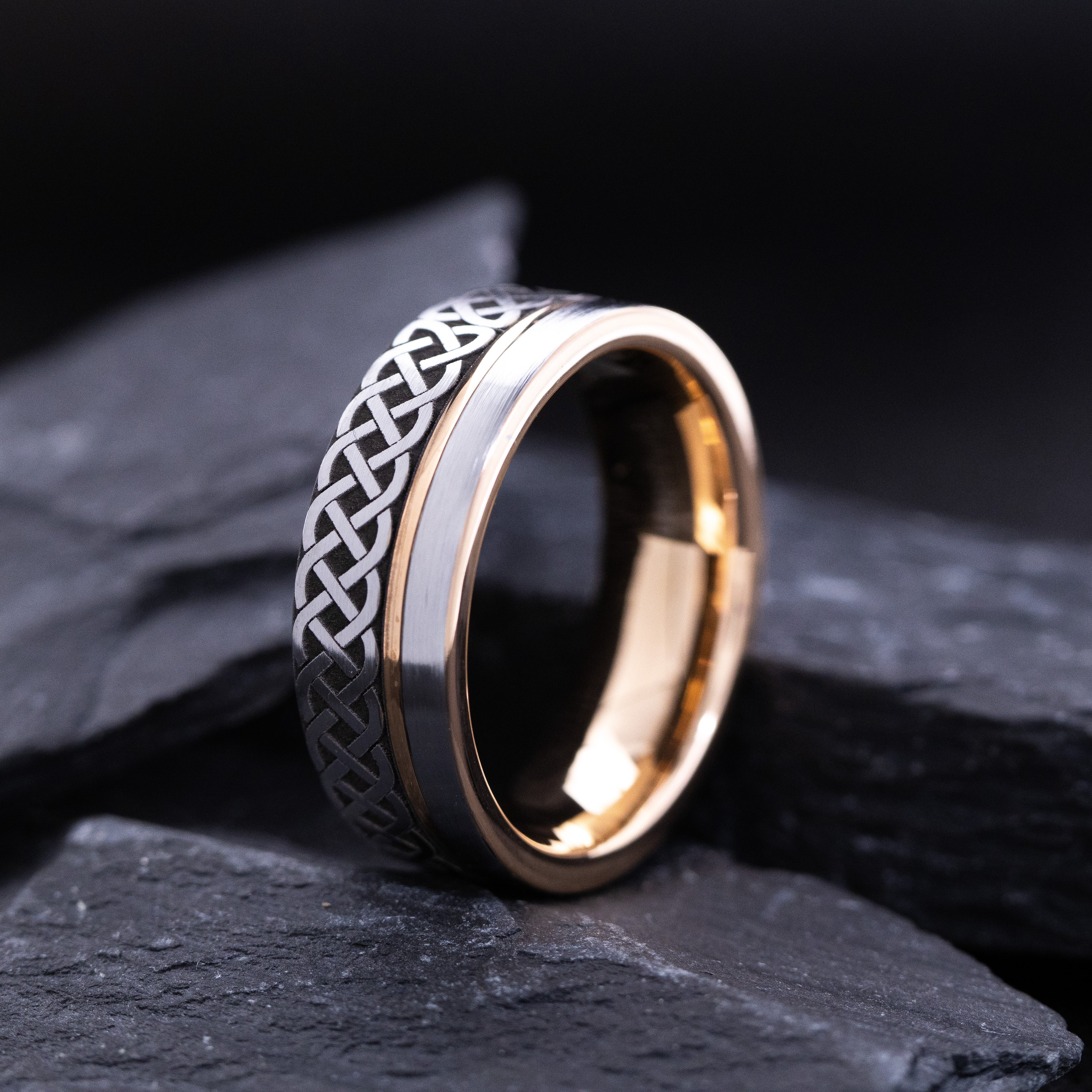 8mm Rose Gold Plated and Silver Tungsten Carbide Ring with Engraved Celtic Braid and Groove