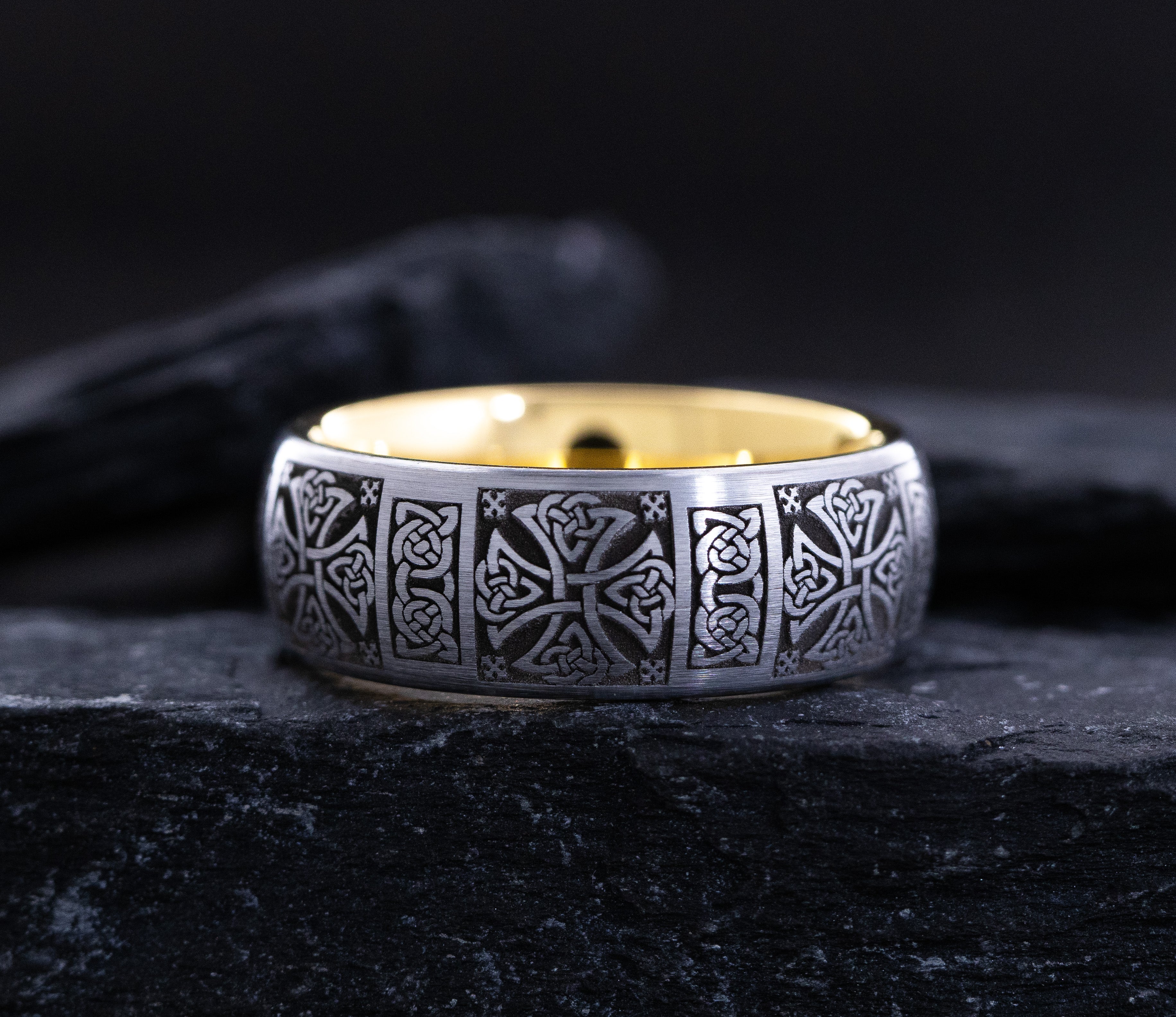 8mm Yellow Gold Plated Tungsten Carbide Band with Deep Engraved Celtic Patterns