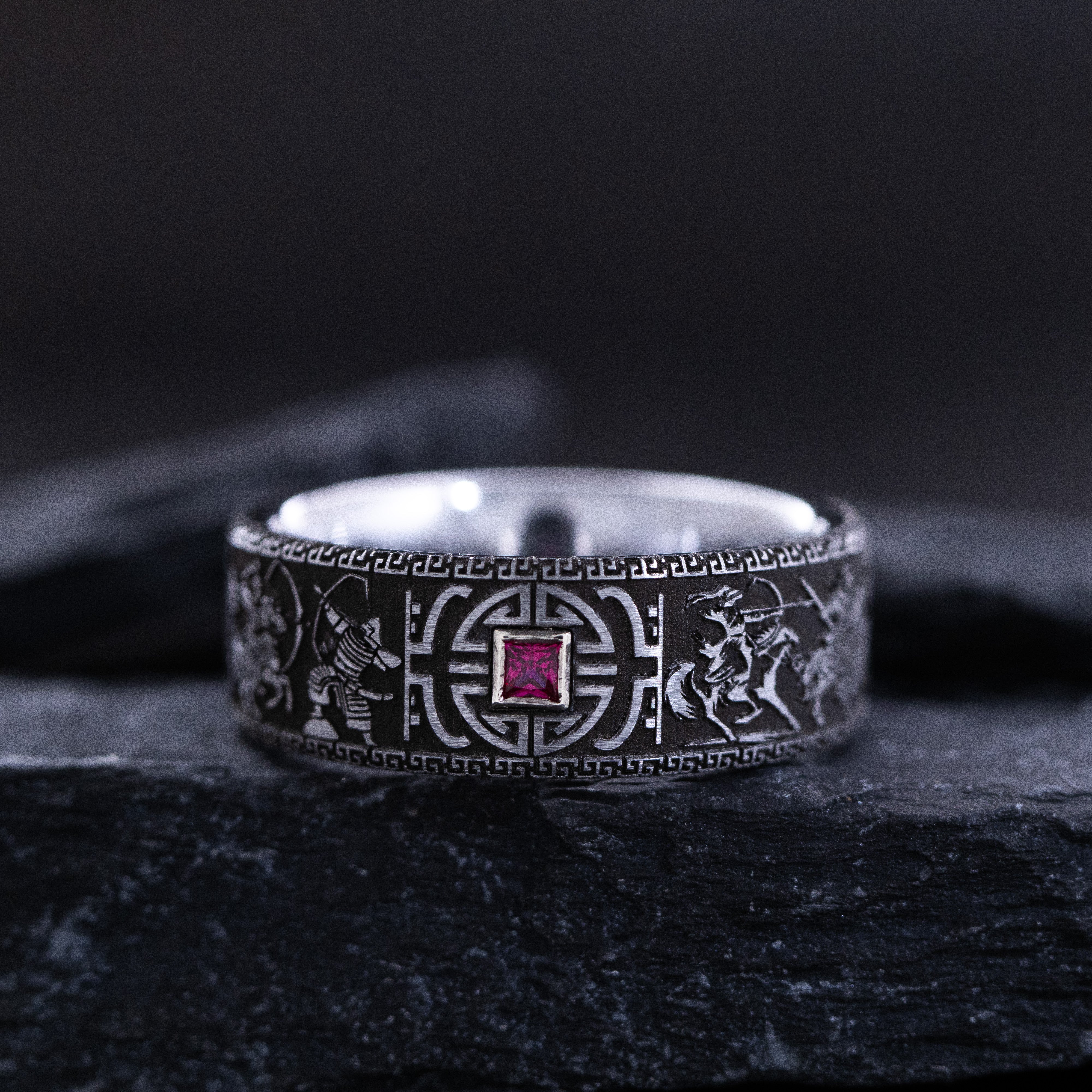 9mm Tungsten Carbide Ring with Princess Cut Gemstone and Mongol Steppe Nomad Warrior Engravings