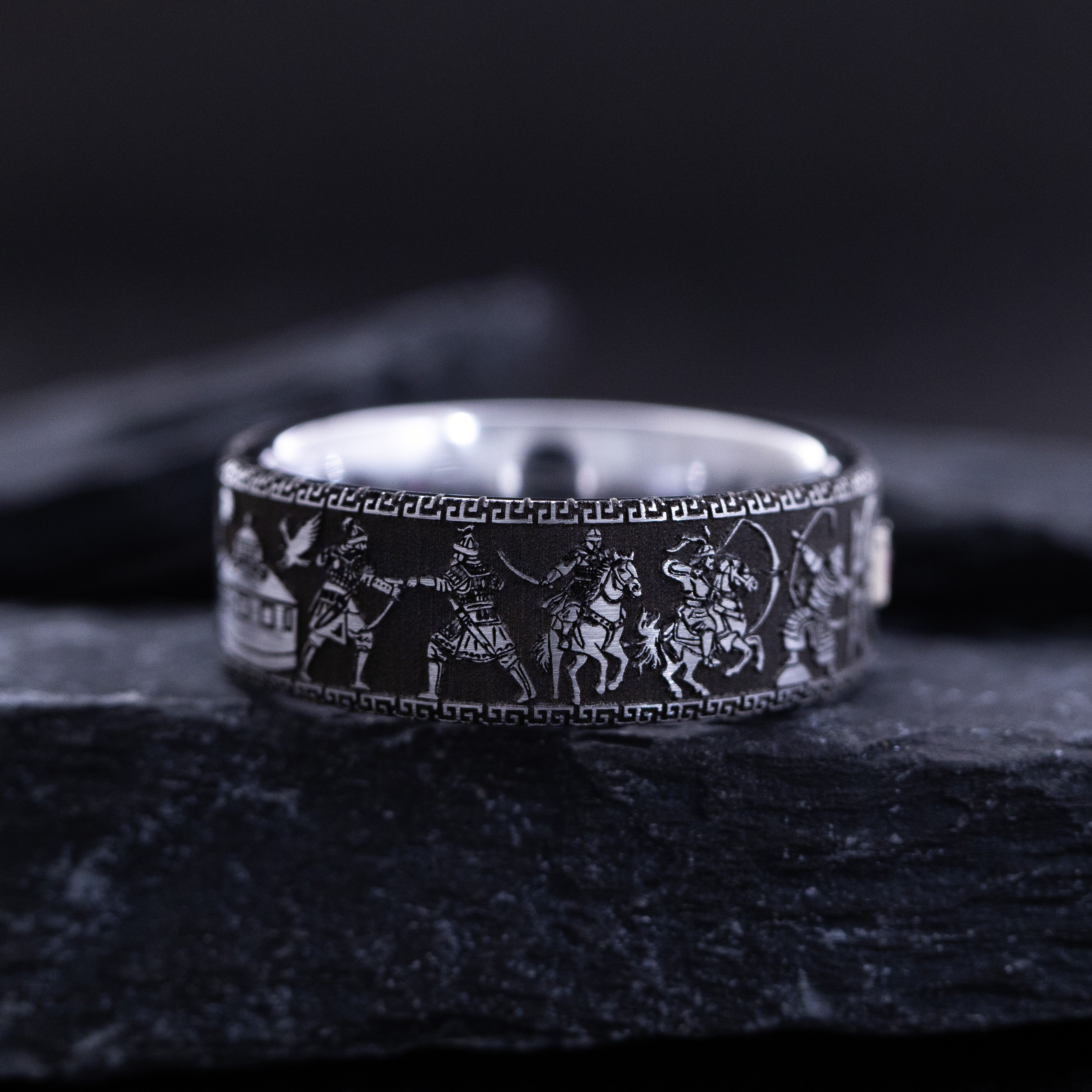 9mm Tungsten Carbide Ring with Princess Cut Gemstone and Mongol Steppe Nomad Warrior Engravings