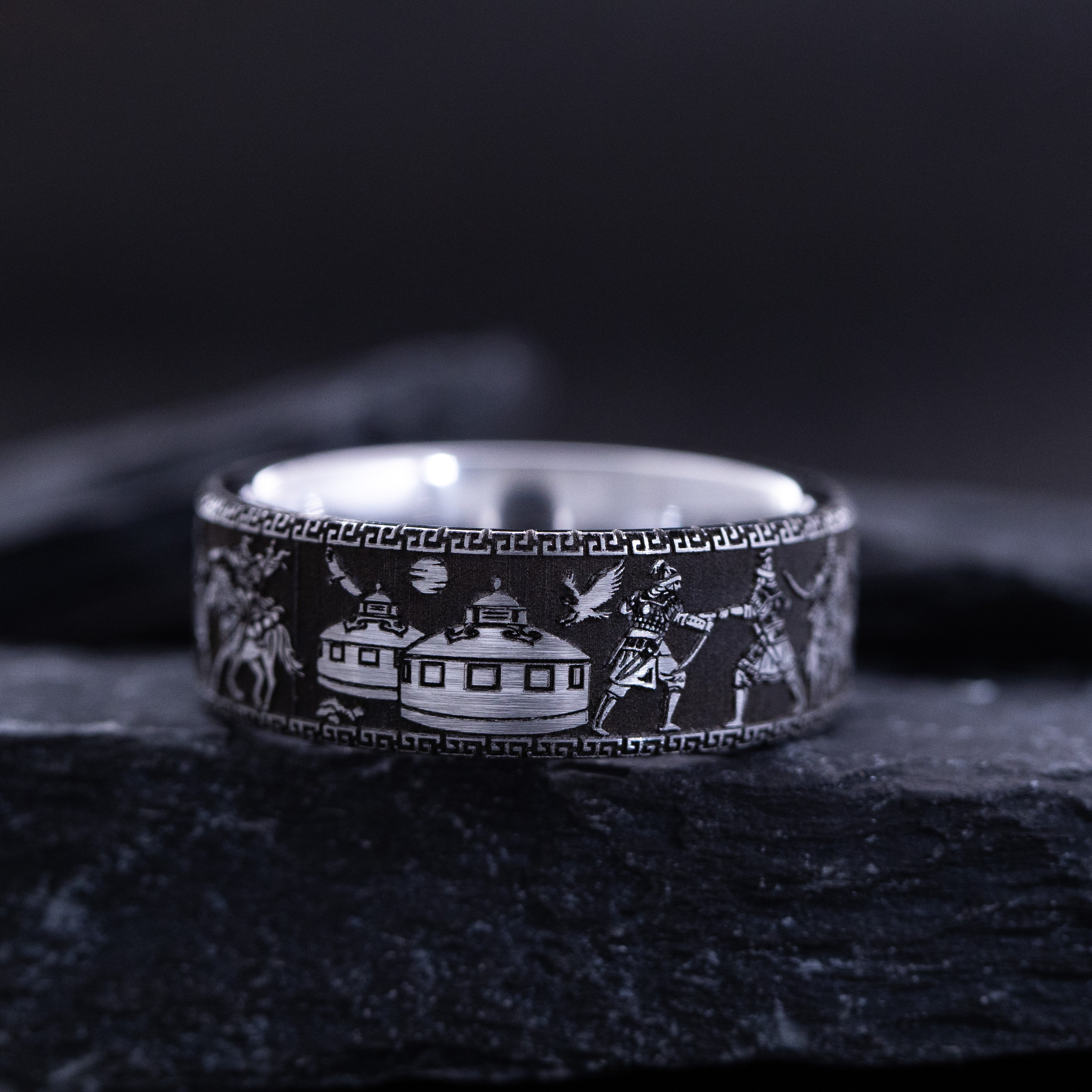 9mm Tungsten Carbide Ring with Princess Cut Gemstone and Mongol Steppe Nomad Warrior Engravings
