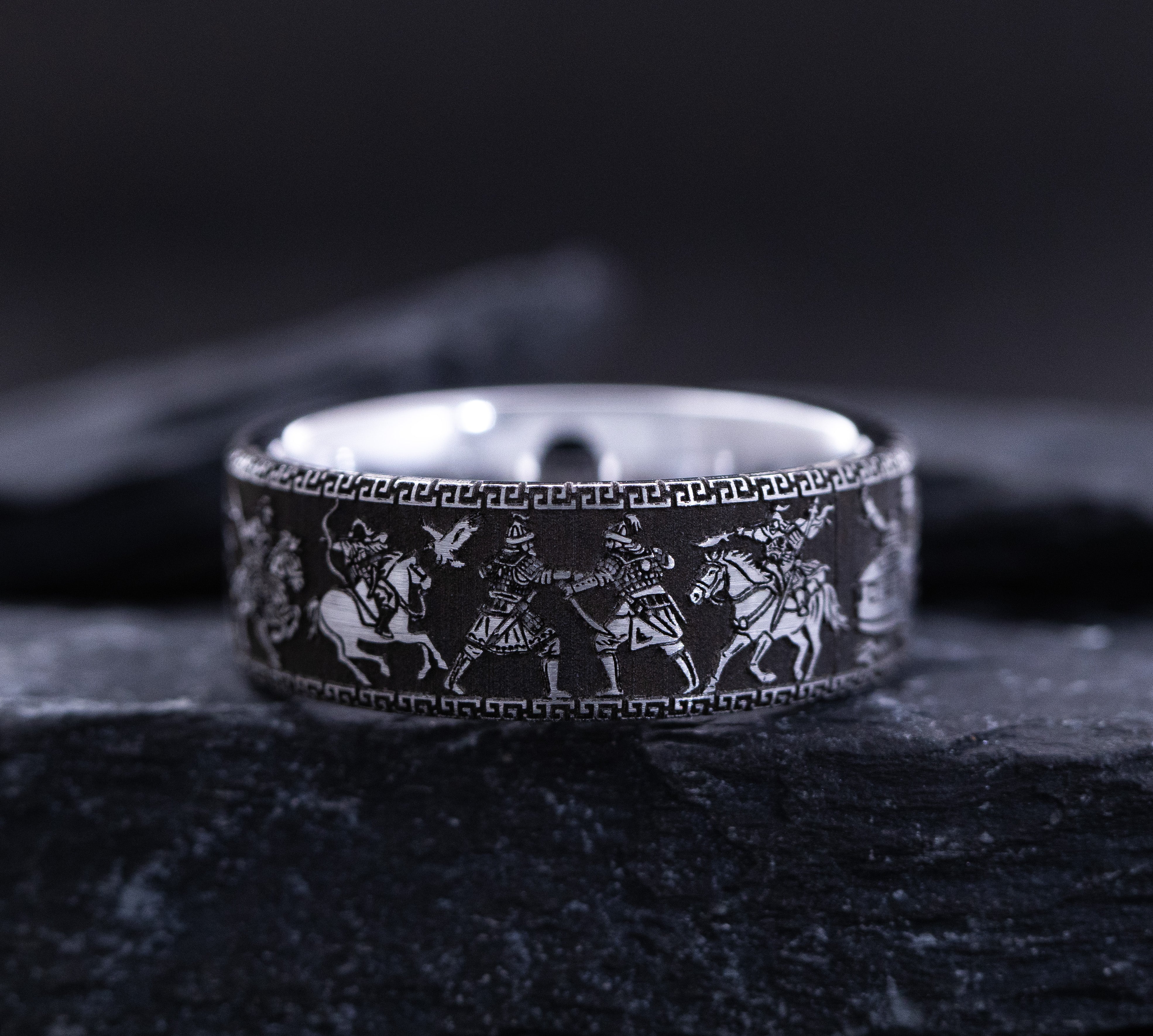 9mm Tungsten Carbide Ring with Princess Cut Gemstone and Mongol Steppe Nomad Warrior Engravings